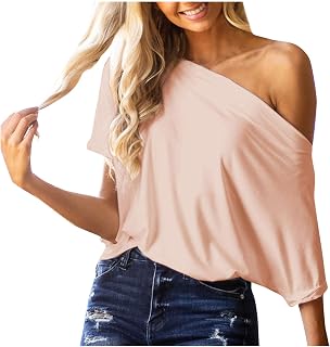 Top Women's Blouse Women's T-Shirt Blouses & Tunics for Women Pullover with V Neck Women's Fashion Women's Sexy Solid Off Shoulder Loose T-Shirt Short Sleeve Blouse Tops Crop Top Children, pink, S