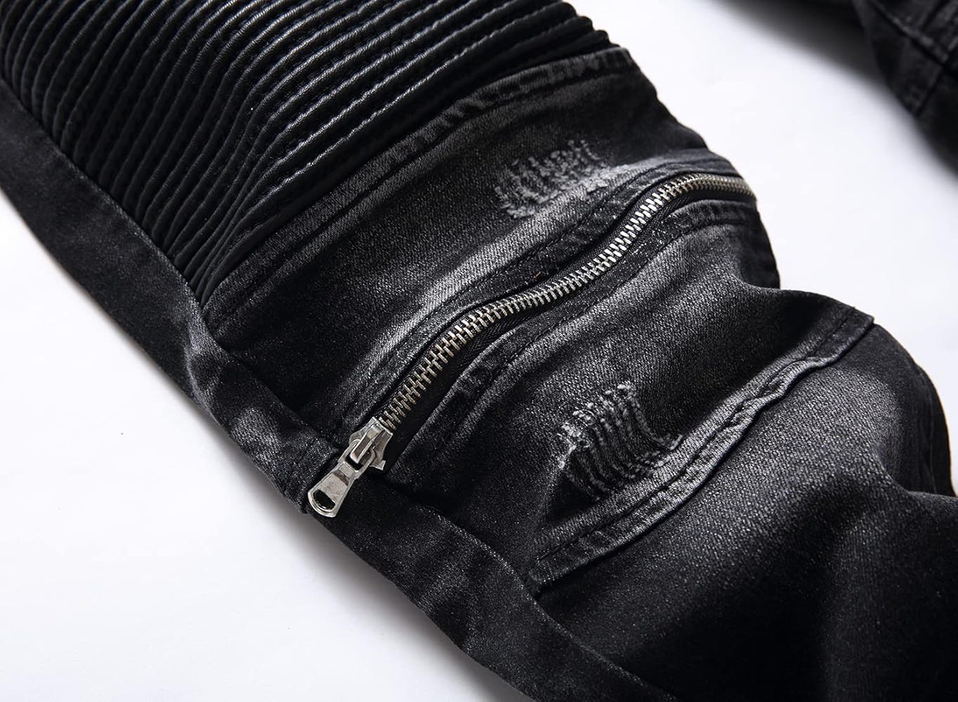 AITITIA Men's Biker Zipper Deco Washed Straight Fit Jeans