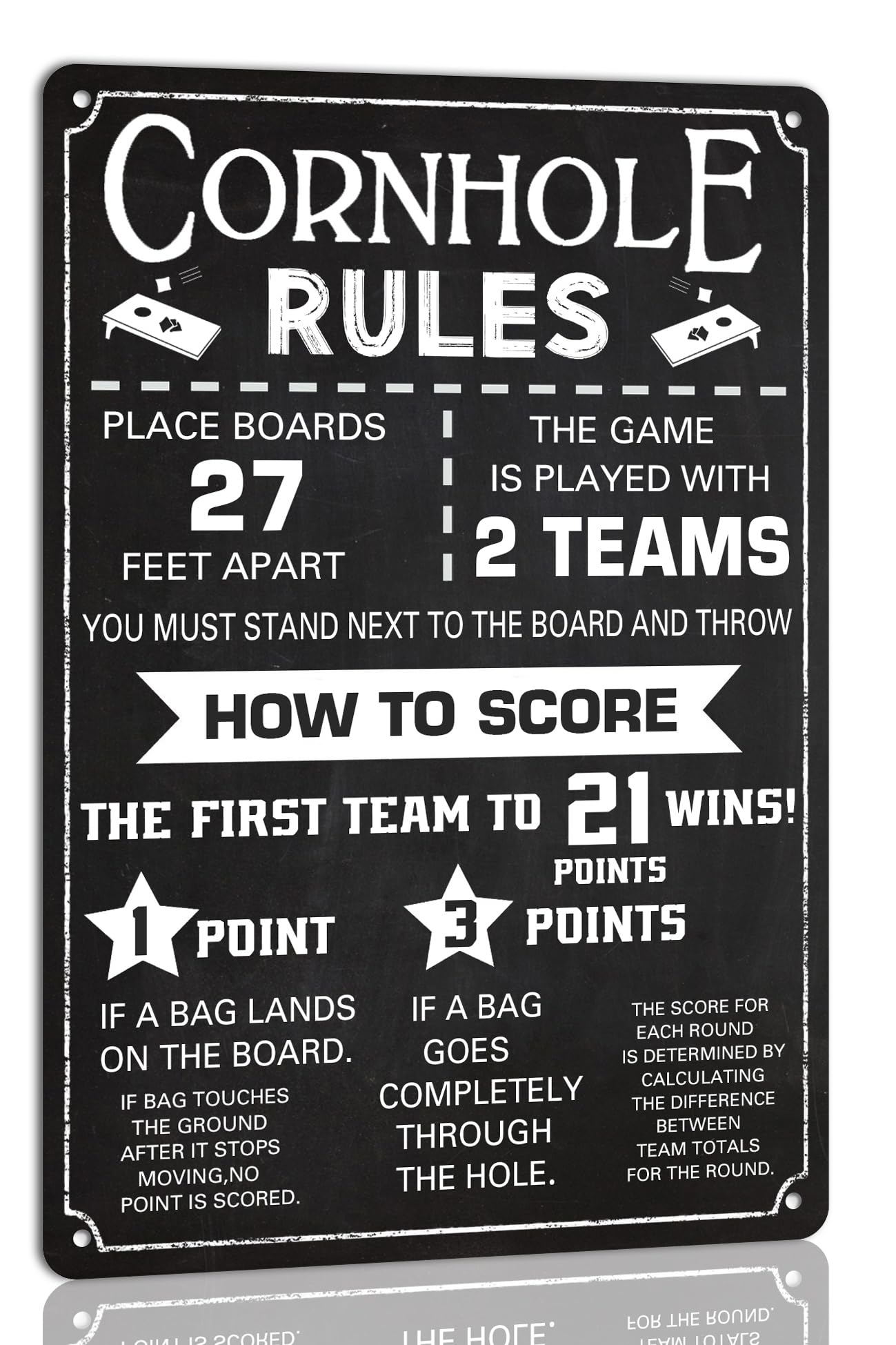 SMAZDFXX Cornhole Rules Metal Tin Sign for Home Man Cave Family Games Vintage Poster Points Score Wall Decor Retro Plaque 12"x16"