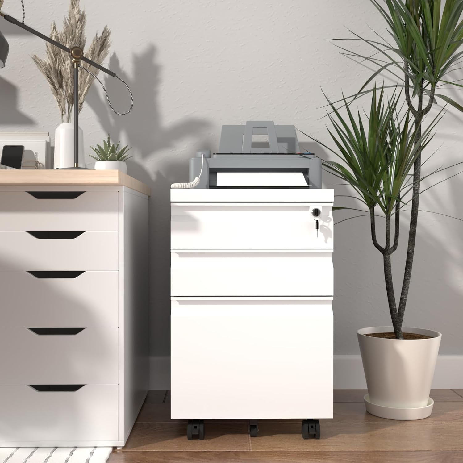 3 Drawer File Cabinet with Lock, Metal Mobile Filing Cabinet on Wheels, Under Desk Storage Cabinet for Home Office, Deep Drawers for Letter/Legal/A4 Files with Anti-Tip Design (White)