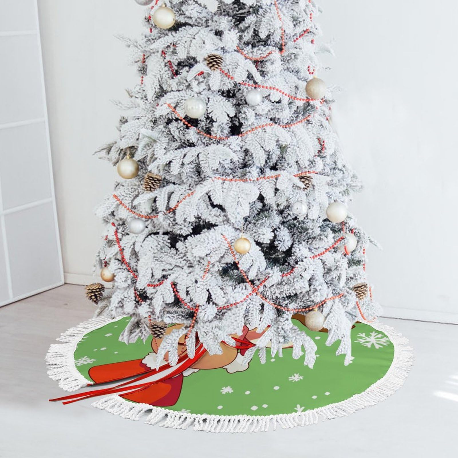 Jupe d'arbre de Noël verte de 90 cm avec motif renne de dessin animé