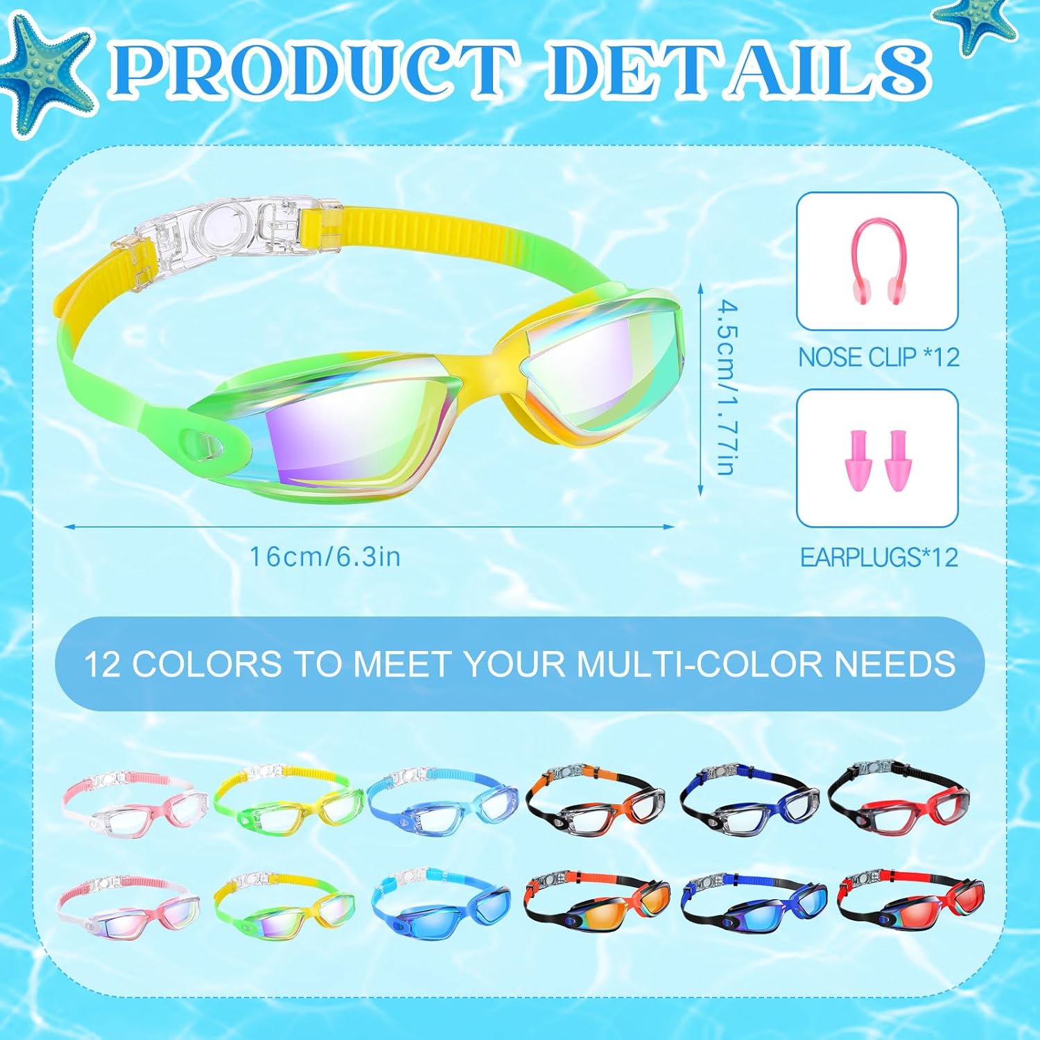 Xuhal 12 Pack Swim Goggles for Adult Anti Fog Swimming Glasses Leak Proof Swim with 12 Waterproof Nose Clips