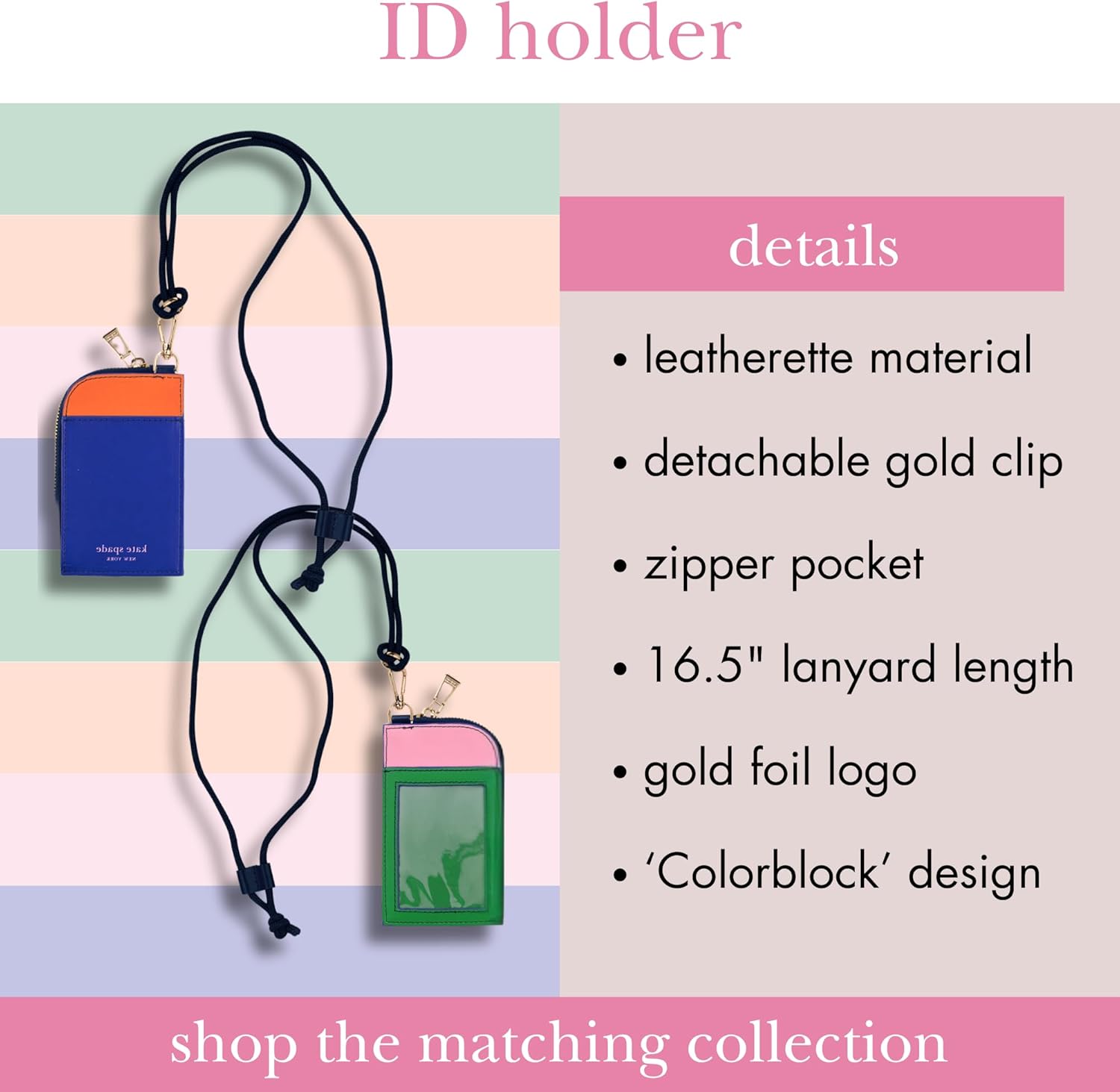 kate spade new york ID Badge Holder with Lanyard, Vegan Leather Slim Card Wallet with Zipper, Name Tag Case for Work, School, or Travel (Colorblock)