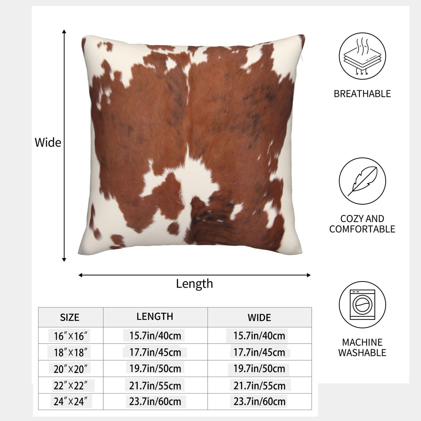 Lot de 2 housses de coussin décoratives carrées en cuir de vache marron de style rustique pour canapé-lit, sofa, 45 x 45 cm