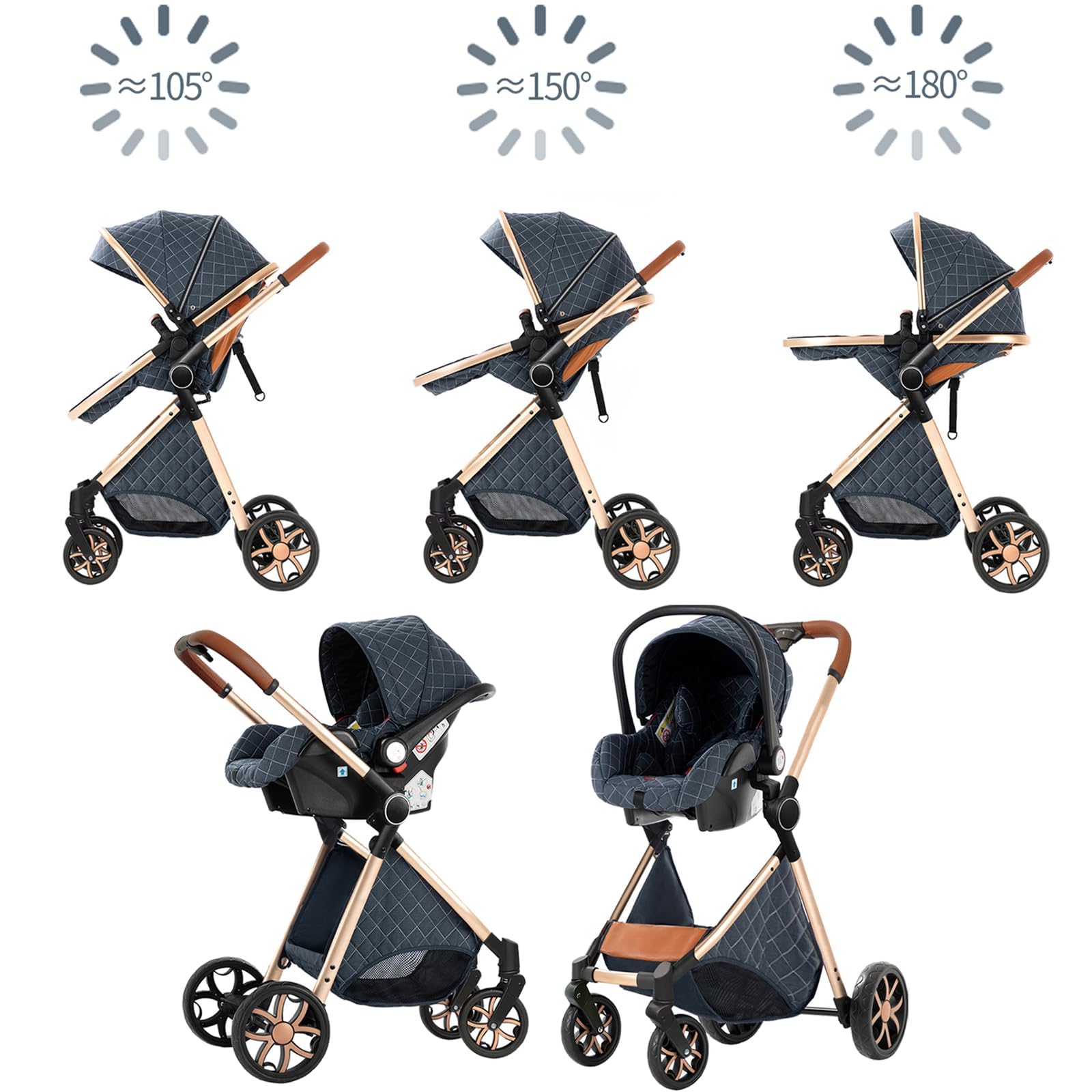 Poussette 3 en 1 Tissus Haut de Gamme Vision Buverte Poussoir Bidirectionnel Avec Cosy V9 Dark Black