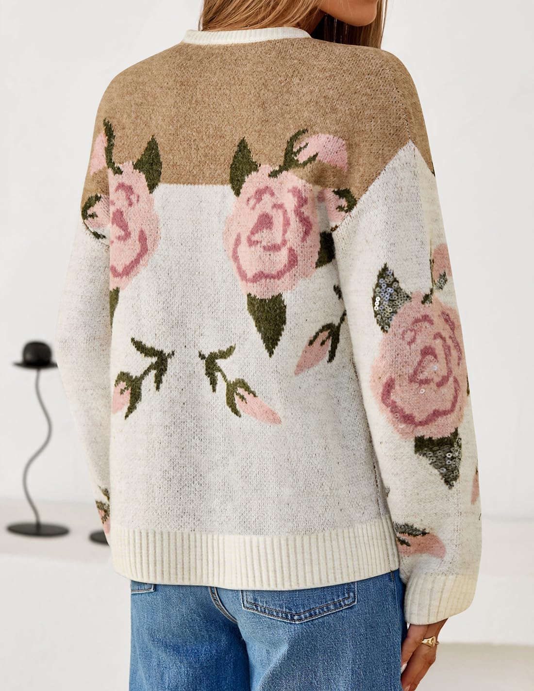 ZESICA Women's Floral Oversized Sweaters 2026 Fall Crewneck Long Sleeve Casual Chunky Knit Pullover Sweater Tops - Image 3