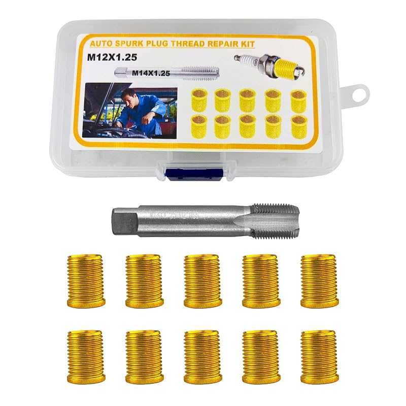 Kit de Reparo de Rosca de Vela de Ignição Flylin M12 x 1,25 com Macho M14 x 1,25 e 10 Insertos