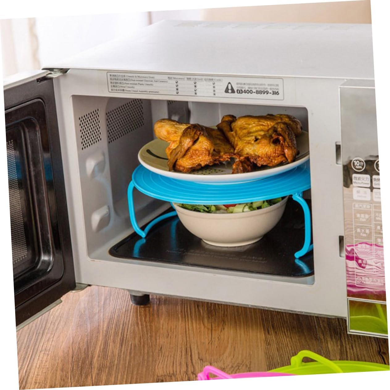 3pcs Multifunctional Kitchen Storage Rack Layered Microwave Plate Stacker for Steaming and Cooling Food Tray Organizer Blue Green