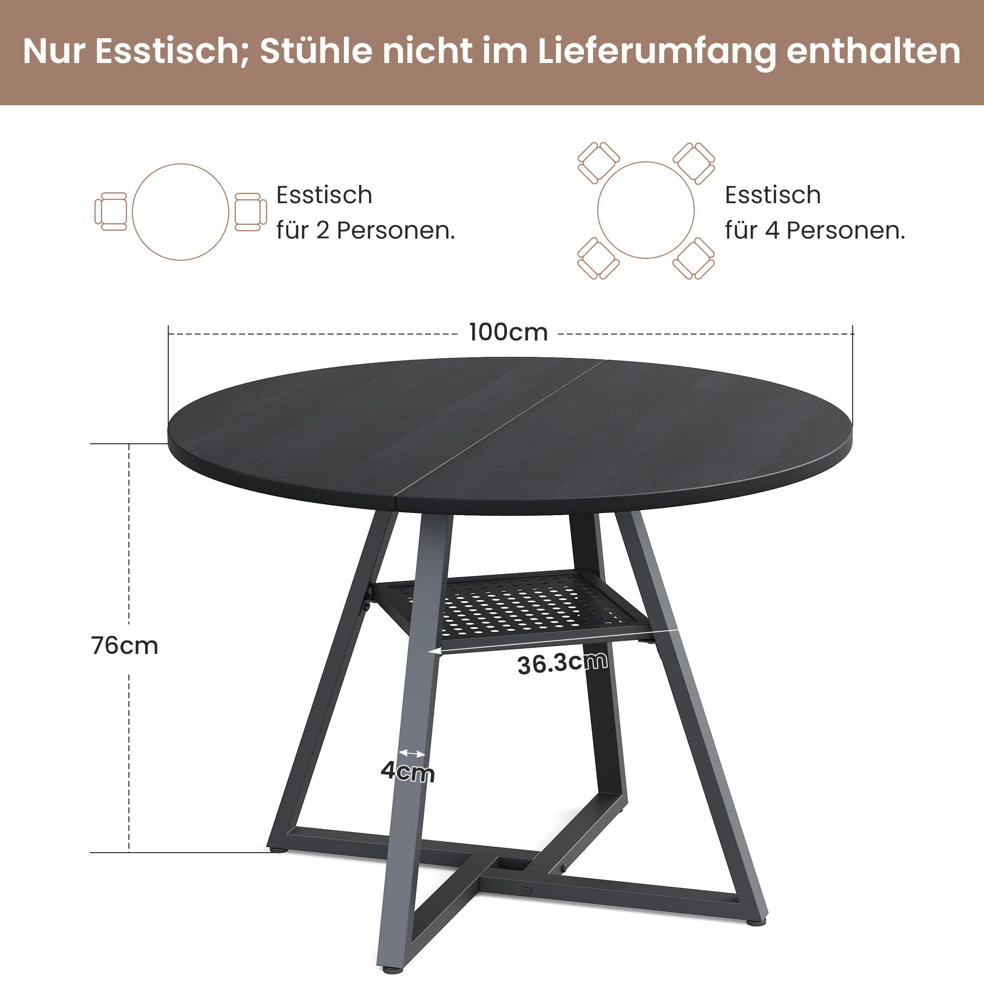 APICIZON Esstisch Rund 100cm, Esszimmertische für 2–4 Personen, Küchentisch Klein mit stabilem Metallgestell, Tisch Rund für Esszimmer, Küche, Wohnzimmer, Schwarz (nur Tisch)