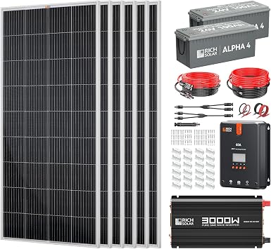 RICH SOLAR 1200W Solar Kit - 200W Monocrystalline Panel, 60A MPPT Controller, 100Ah Battery, 3000W Inverter
