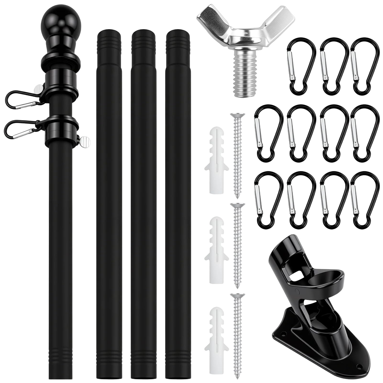 Mât de drapeau stable de 1,5 m - En acier inoxydable - Noir - Avec anneaux pour mât de drapeau, mât de drapeau, mousquetons - Pour jardin, cour, mur, véranda