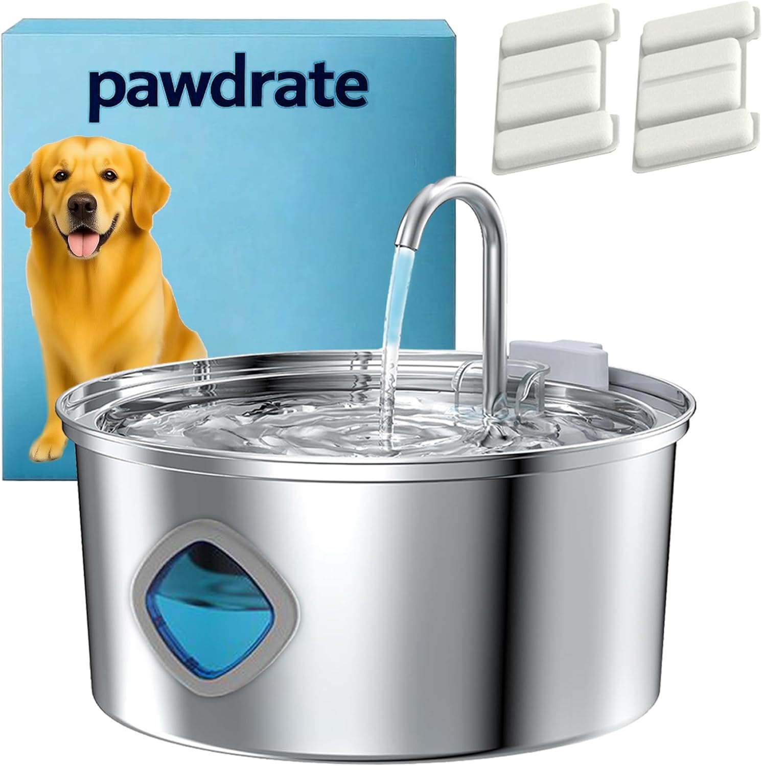 Pawdrate Dog Water Fountain, 3.2L/108oz Filtered Dog Water Bowl Dispenser, Wired Automatic Circulating Quiet No Spill Water Bowl with Quadruple Filtration for Small Dogs & Cats (2 Filters, 3.2L)