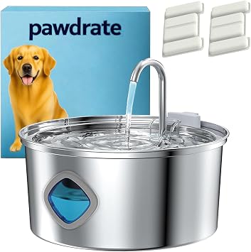 Pawdrate Dog Water Fountain, 3.2L/108oz Filtered Dog Water Bowl Dispenser, Wired Automatic Circulating Quiet No Spill Water Bowl with Quadruple Filtration for Small Dogs & Cats 2 Filters, 3.2L
