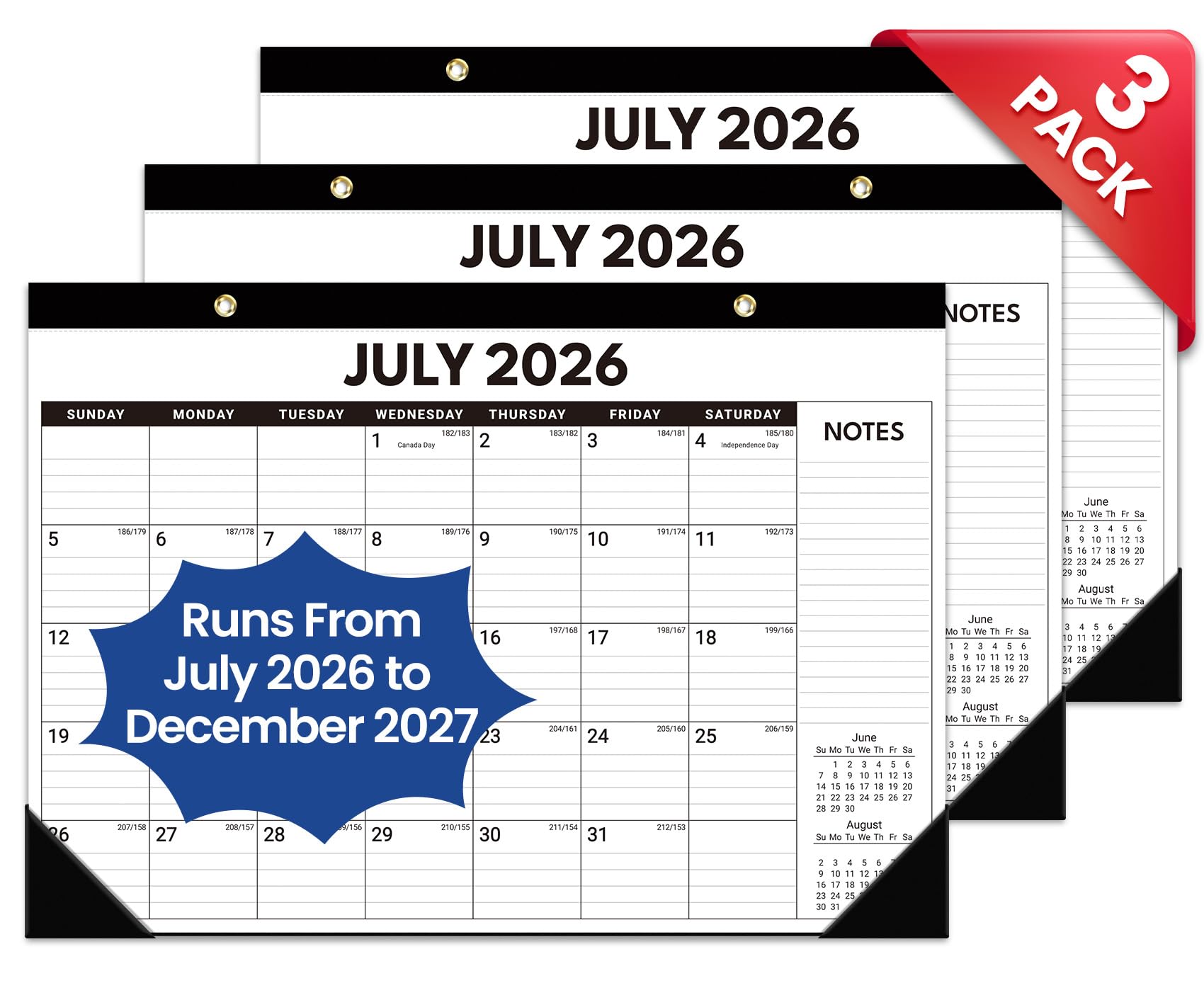 Lot de 3 calendriers de bureau 2026-2027, 18 mois de juillet 2026 à décembre 2027, grand calendrier mensuel de bureau et mural de 43,2 x 30,5 cm pour la maison et le bureau, noir