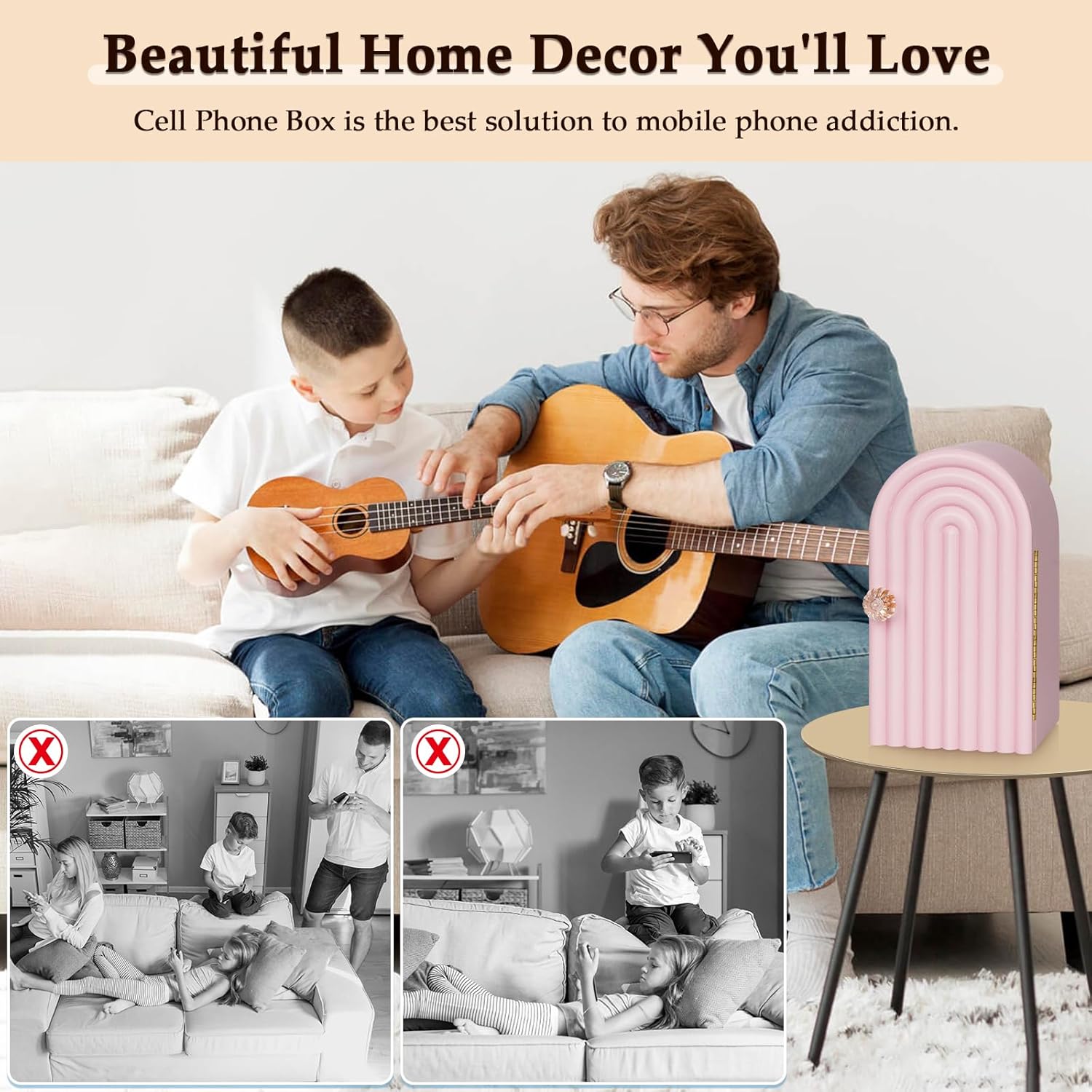 Phone Box for Family Time, Bamboo Cell Phone Jail, 3 Sections Hold 6 Phones, with Charging Holes, Phone Holder Self-Discipline Box, Help Kids Adults Focus Back, Mobile Phone Addiction (Pink)