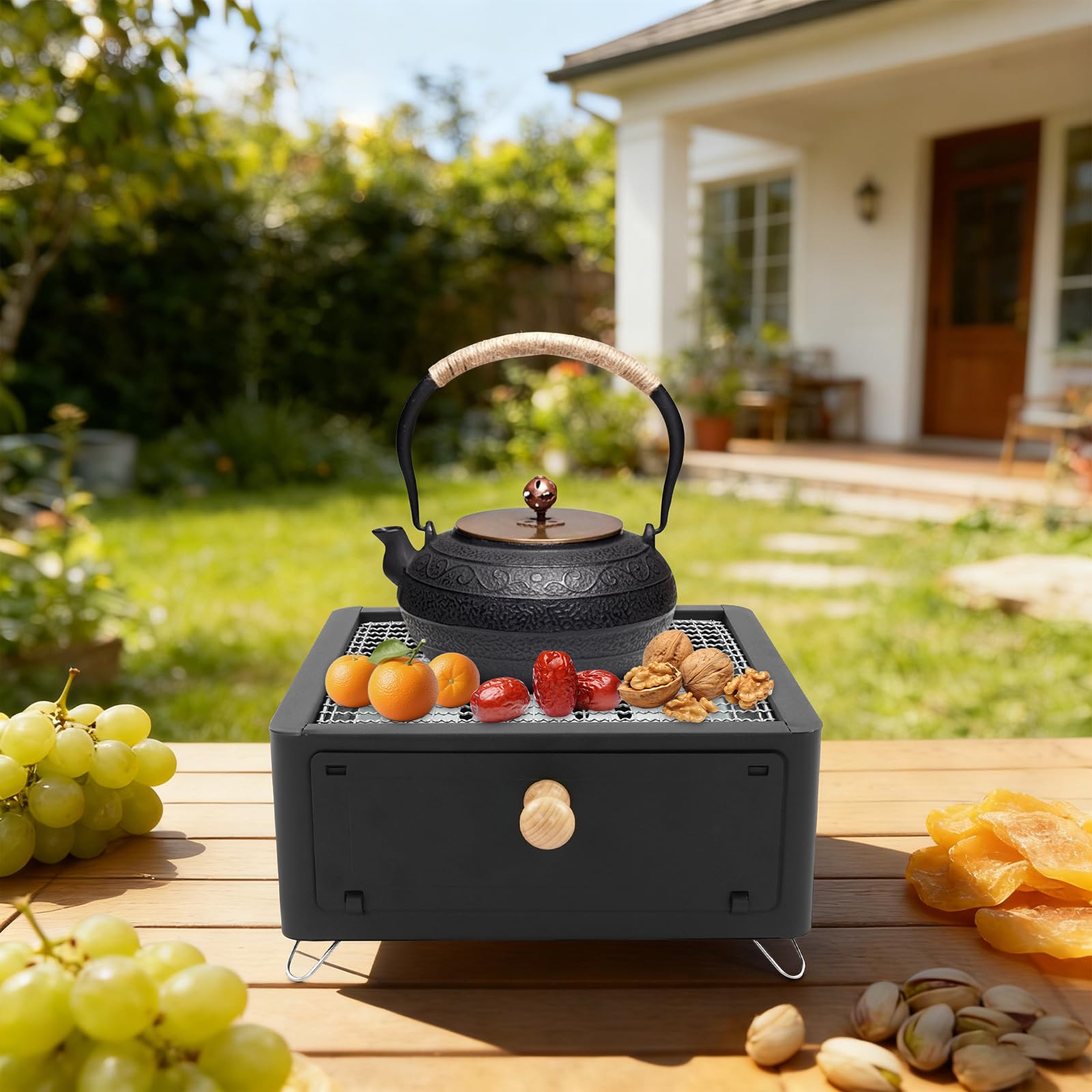 Przenośny grill stołowy na węgiel drzewny, kompaktowy grill outdoorowy z patelnią i torbą do przechowywania, dla 3-5 osób, ocynkowane żelazo, czarny, nowoczesny, idealny na imprezę w ogrodzie, kemping