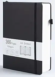 Diário pontilhado com 366 páginas numeradas, diário A5 com papel quadriculado de 100 g/m², capa dura de couro, para mulheres, homens, anotações escolares, diário de trabalho, 14,5 x 21 cm, preto