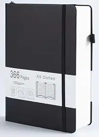 Diário pontilhado com 366 páginas numeradas, diário A5 com papel quadriculado de 100 g/m², capa dura de couro, para mulheres, homens, anotações escolares, diário de trabalho, 14,5 x 21 cm, preto