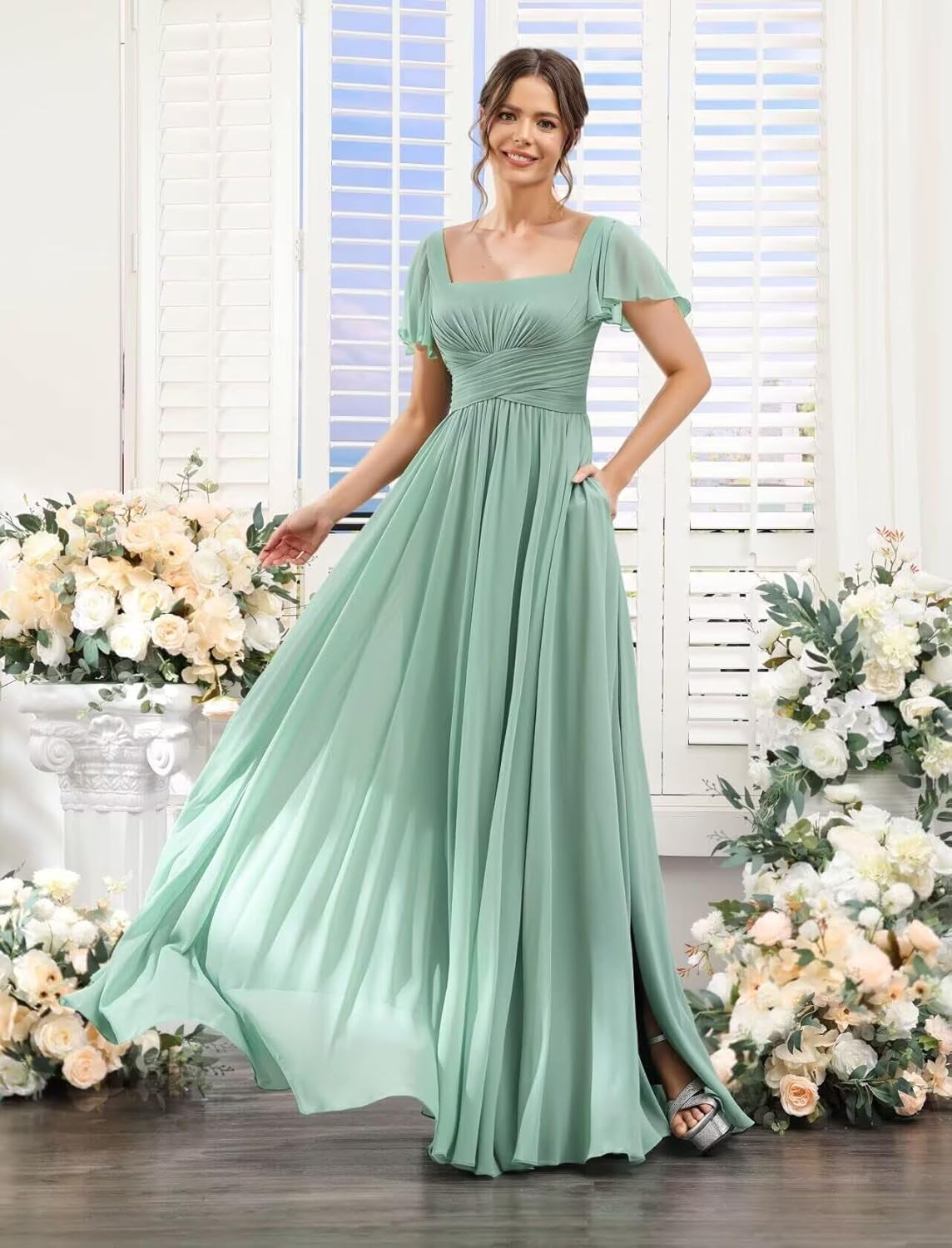 YMSHA Short Sleeves Chiffon Bridesmaid Dresses with Slit Long A Line Square Neck Formal Party Dress with Pockets CLN012 - Image 3