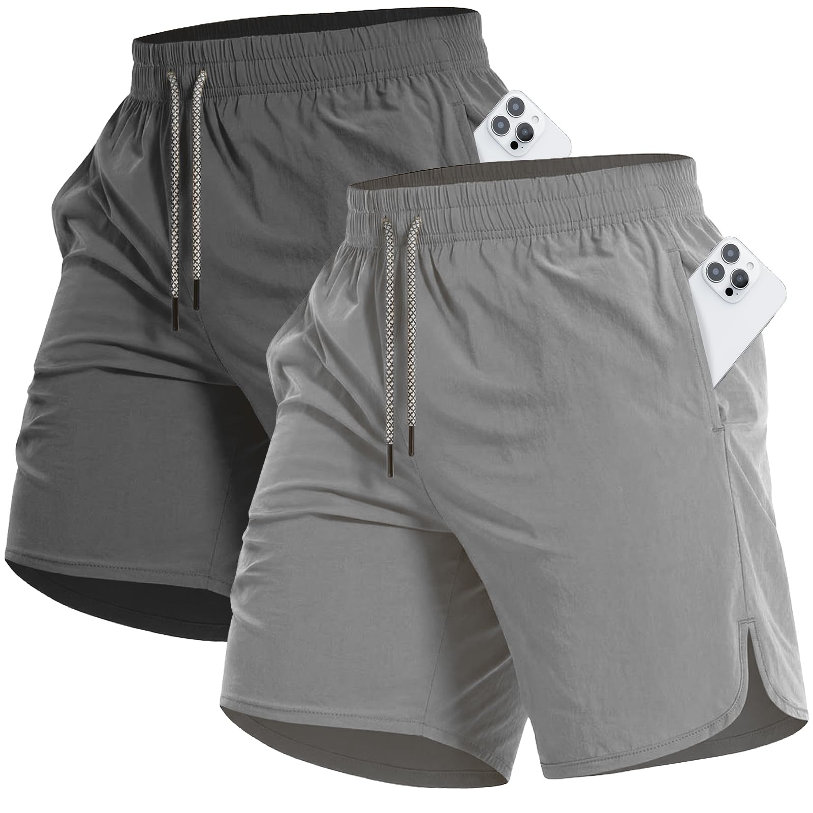 CANGHPGIN Pantaloncini da ginnastica sportivi da uomo, 17,8 cm, leggeri, confezione da 2 pezzi, con tasche, Grigio Scuro+Grigio Chiaro, XX-Large