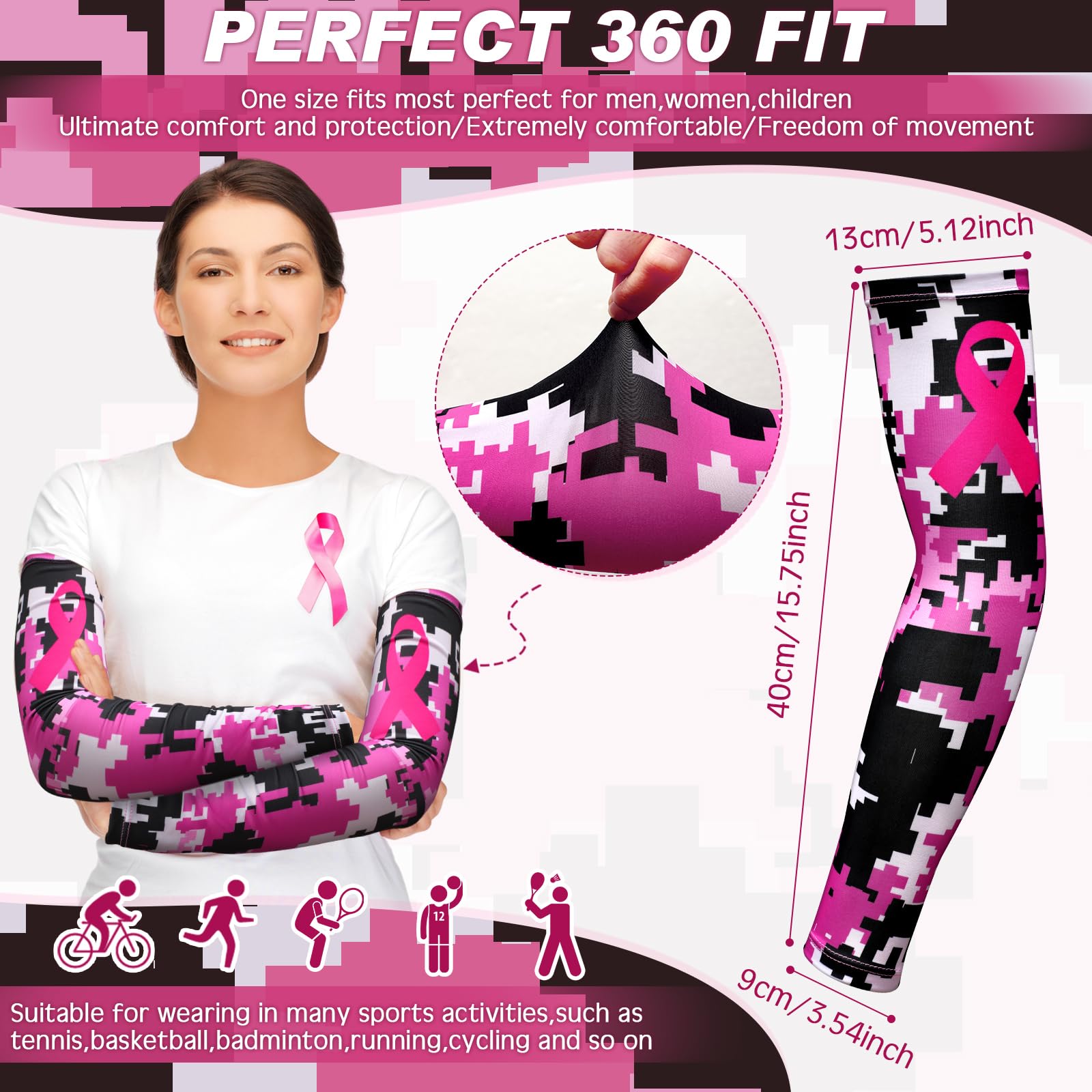 Geyoga 3 Pairs Breast Cancer Awareness Sleeves Pink Ribbon Arm Sleeves Cooling Compression Arm Covers UV Protection (Classic Colors)