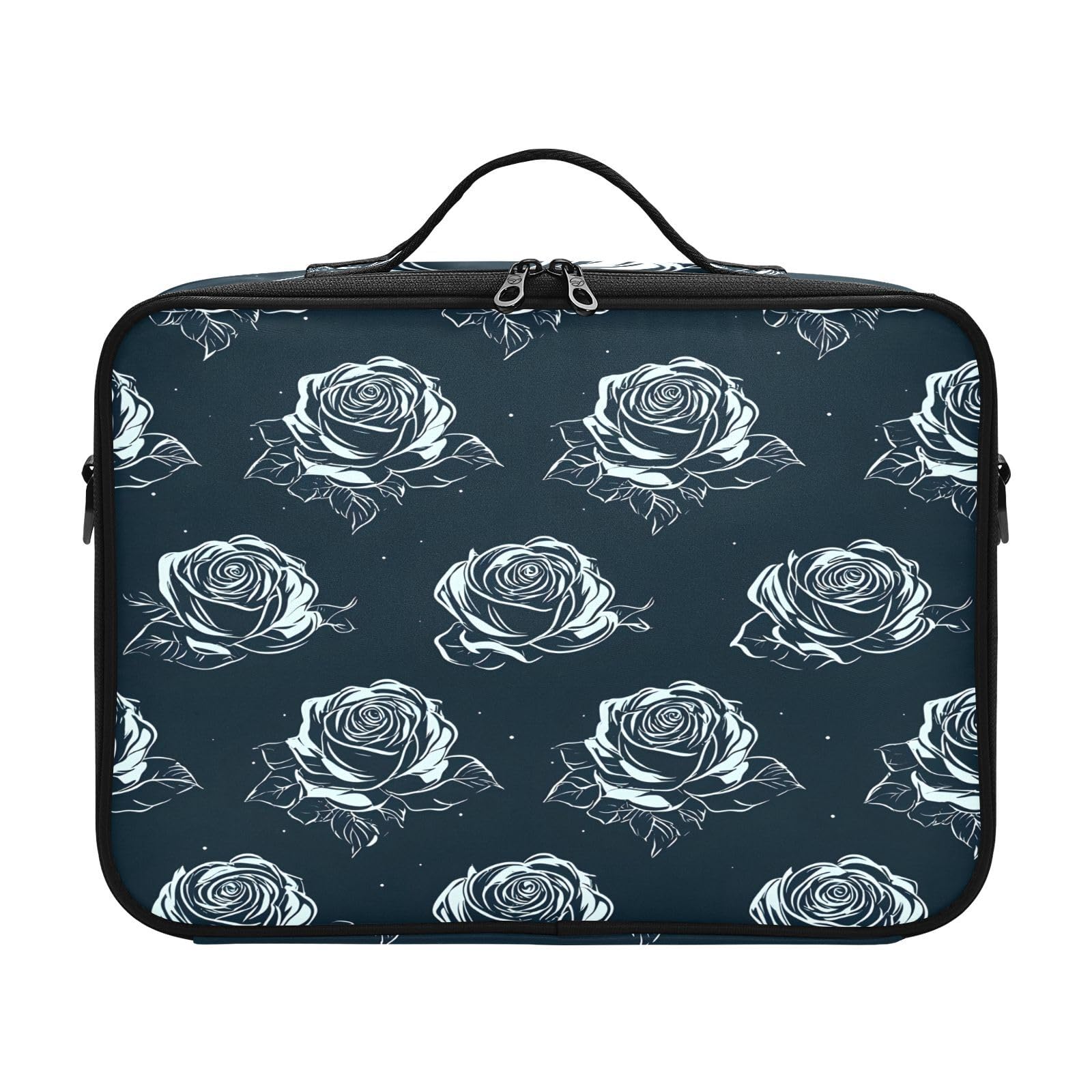 zyrtty Travel Makeup Train Case Flower White Black Pattern Rose Cosmetic Organizer Portable Storage Bag with Adjustable Dividers for Cosmetics Brushes Toiletry Jewelry Digital Accessories