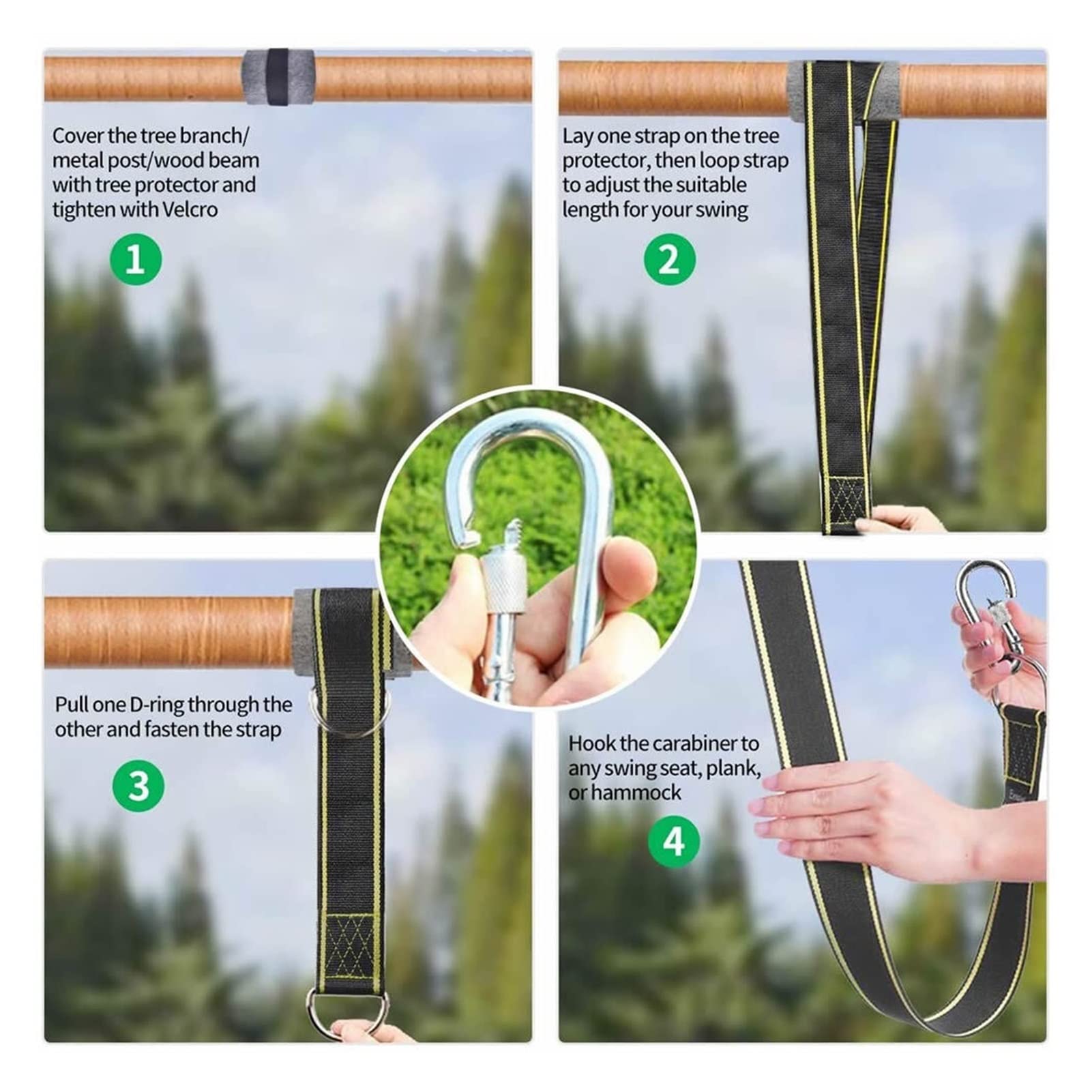 Hamak ramiączka - Szybka instalacja Huśtawka Huśtawka Wisząca Paski Drzewo Ochraniacze z bezpieczniejszą blokadą Carabiners Swivel (Color : 2m with Swivel)