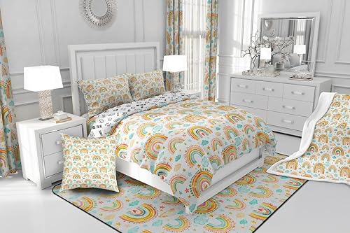 Miniatura 7 de Juego de edredón de arcoíris, tamaño individual, diseño de arco iris de dibujos animados femeninos para niños, edredón de nubes coloridas con