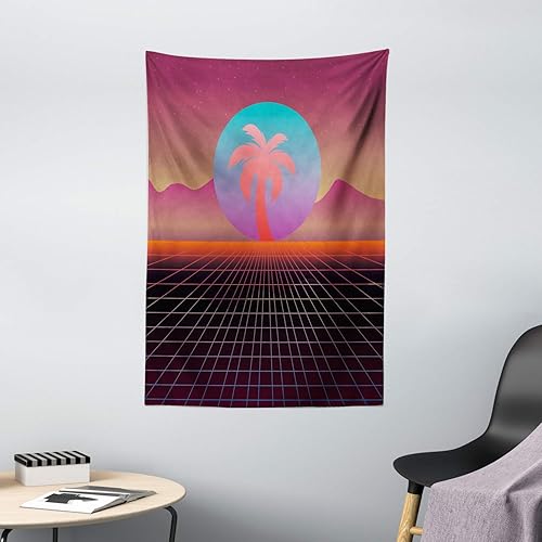 Miniatura 2 de Ambesonne Synthwave - Tapiz de escena de los años 80 con silueta de palma en sol abstracto y cuadrados, colgante de pared para dormitorio, sala de