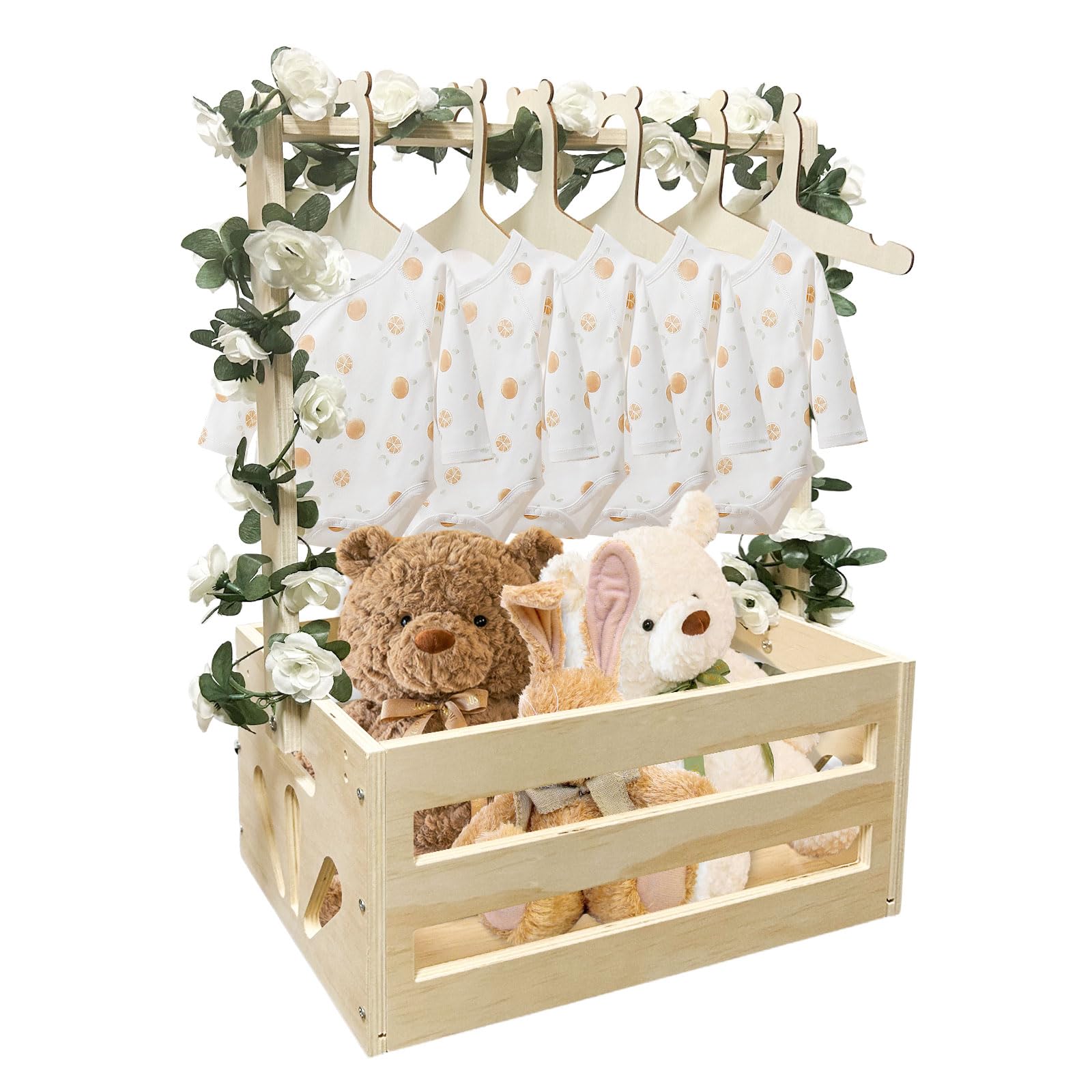 Taimimy Holz Baby Geschenk Korb mit Griff, Kinder Kleiderbügel und Girlande, Holz Babyparty Schrank, Baby Aufbewahrungskorb,Personalisierte Baby Korb für Schwangere Neue Eltern(Holzfarbe)