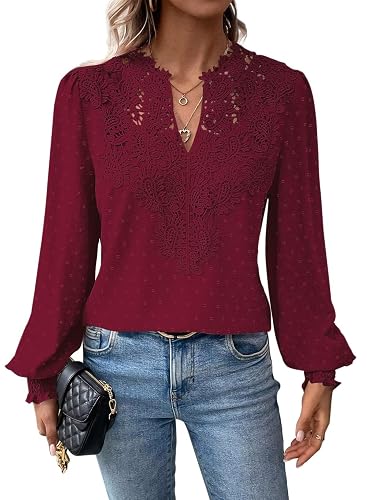 Falechay Long Sleeve Shirts for Women Boho Flowy Lace Floral
