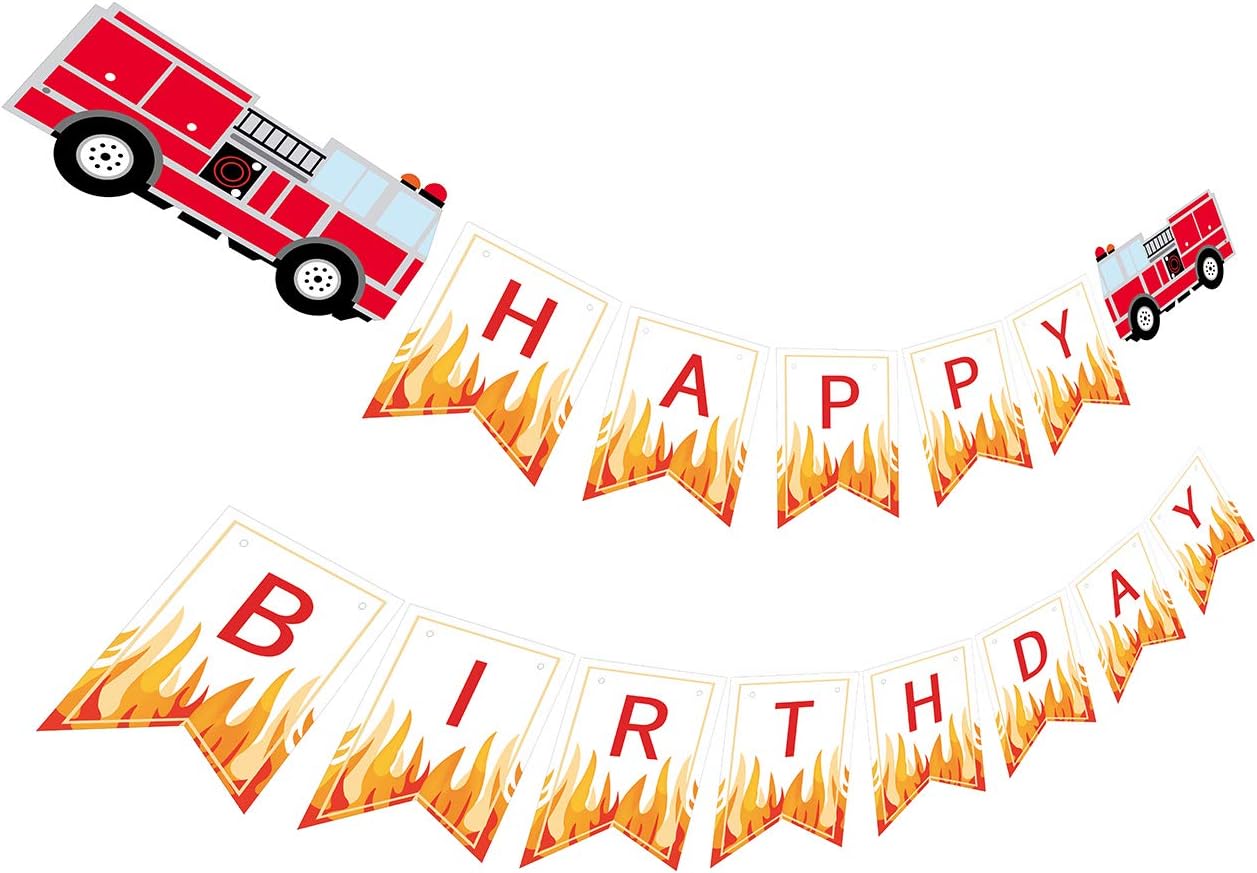 Gyzone Fire Truck Birthday Banner, Happy Birthday Party Sign, Fire Engine Rescue Bday Decorations