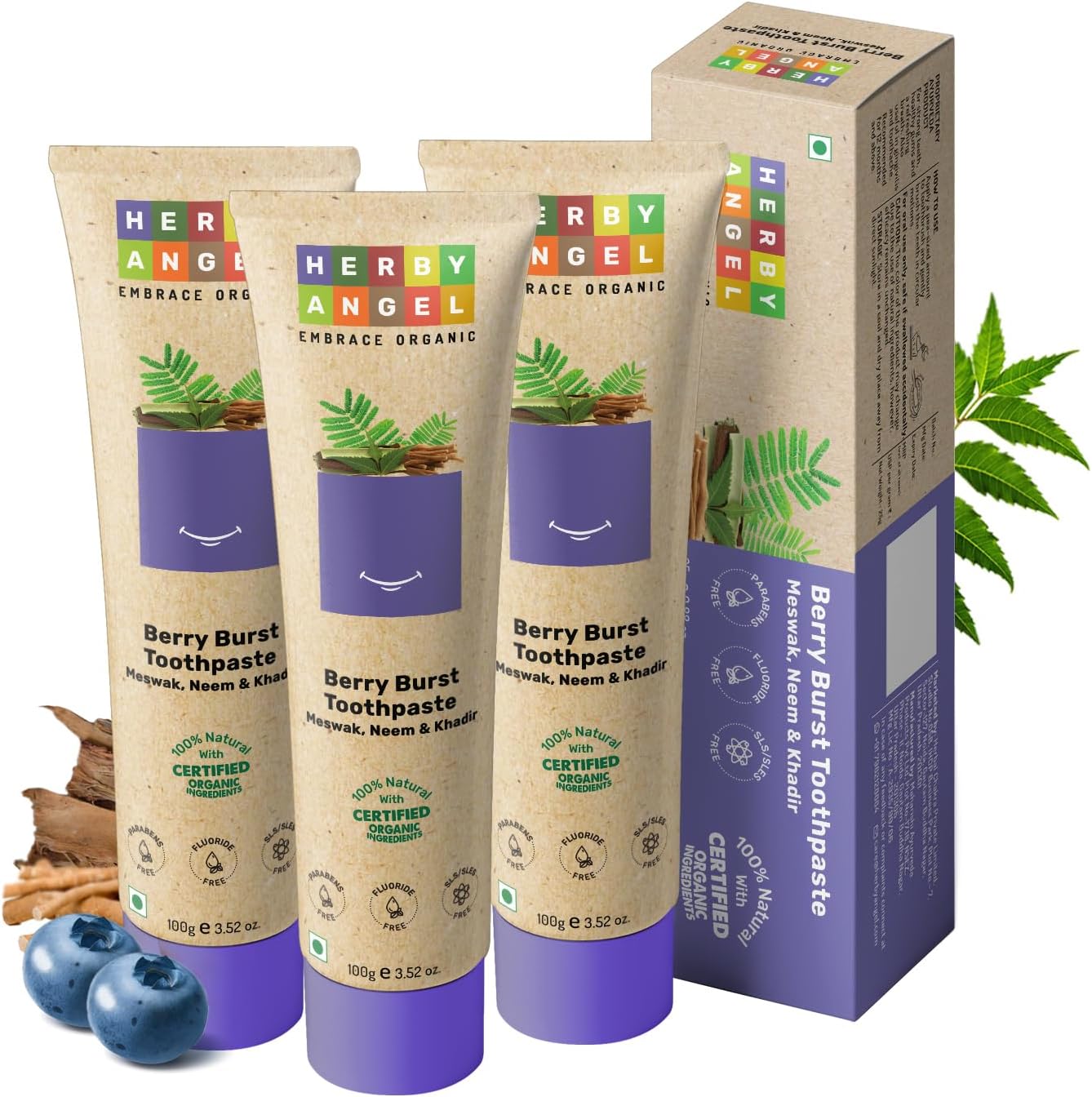 Baby Toothpaste Berry Burst - Herbal Kids Oral Care with Neem, Khadir & Meswak | Promotes Strong Teeth & Healthy Gums | Fluoride Free,Organic & Safe for Toddlers -100gm (Pack of 3)