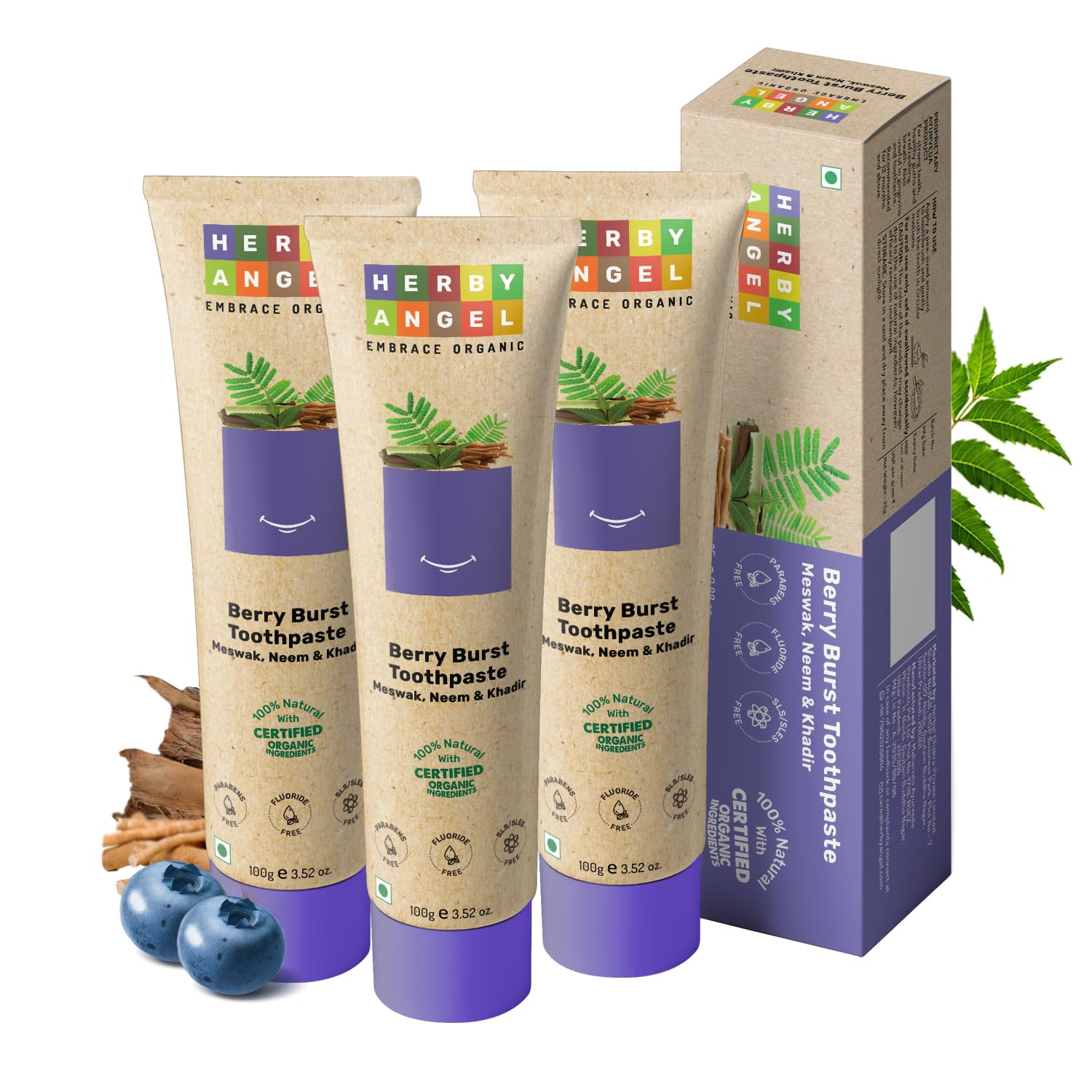 Herby Angel Baby Toothpaste Berry Burst - Herbal Kids Oral Care with Neem, Khadir & Meswak | Promotes Strong Teeth & Healthy Gums | Fluoride Free,Organic & Safe for Toddlers -100gm (Pack of 3)-image-19
