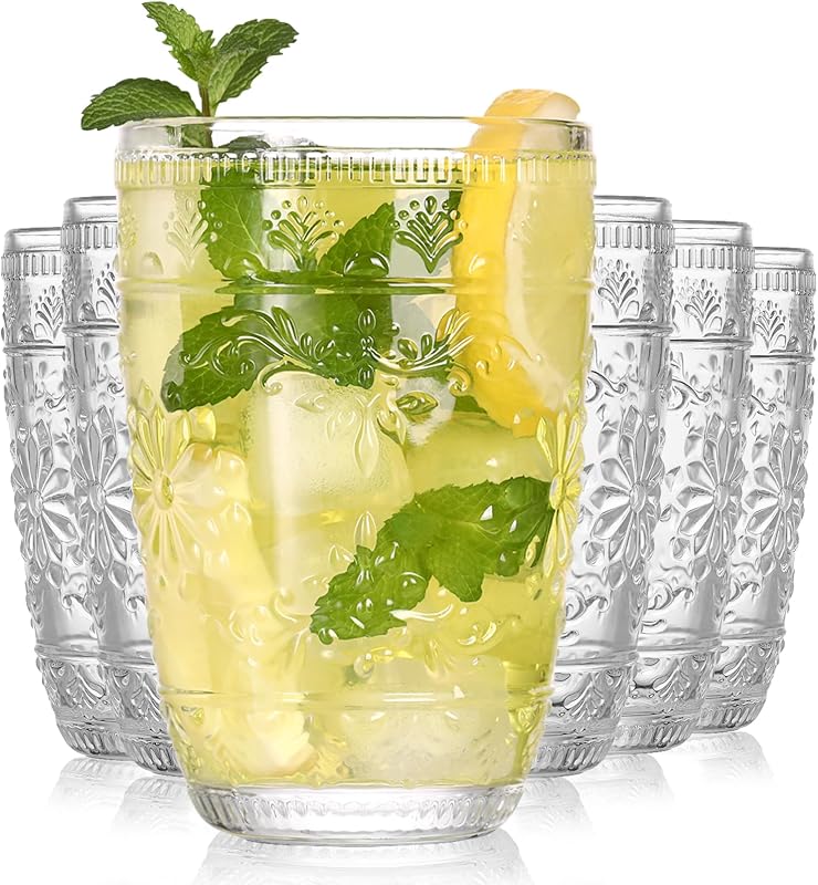 abrwyy Clear Glasses Drinking Set, 14oz Water Glasses, Vintage Glassware | Dishwasher Safe, Non-Slip, Lead-Free Glass, Home Decoration