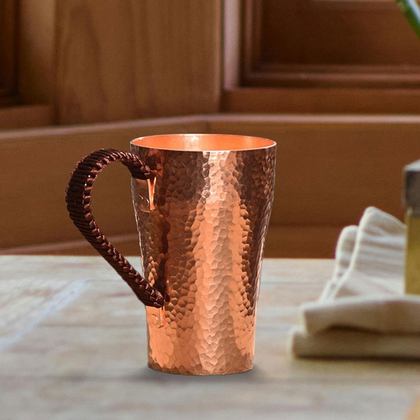 Kubek miedziany 400 ml, ręcznie wykonany kubek do picia z masywnej miedzi, do gorących i zimnych napojów, herbaty, kawy, tradycyjnej miedzi ajurwedyjskiej, jako prezent