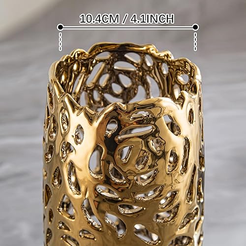 Miniatura 6 de Juego de 2 jarrones modernos dorados para suelo alto, decoración calada coral de 16 pulgadas para suelo, jarrón dorado grande para sala de estar,