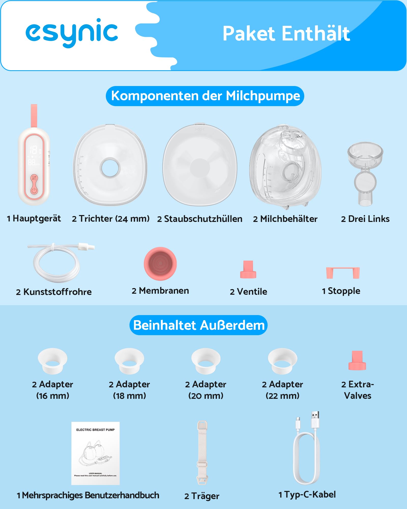 eSynic Tragbare Milchpumpe Elektrische Handsfree Brustpumpe mit Akku und leiser Funktion Doppelseitige Breast Pump mit 4 Modi und 15 Stufen Einfach zu Reinigen 210ml Kapazität Abpumpen für Mütter Rosa