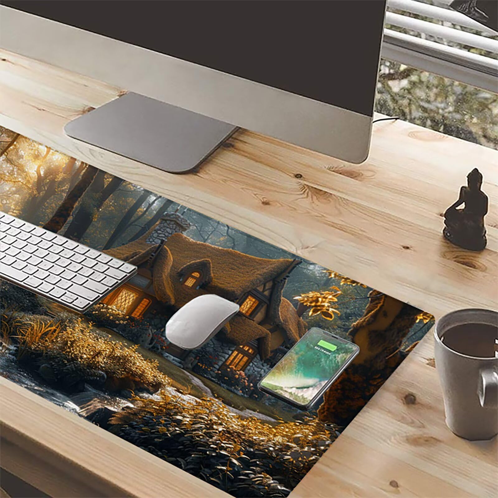 Bosque Alfombrilla Ratón Gaming XXL 1500 x 800 mm, Alfombrilla Gaming Verde Mousepad con Base de Goma Antideslizante Impermeable Desk Mat para Teclado y Raton Accesorios Gaming, Regalos de Hombre 4-B