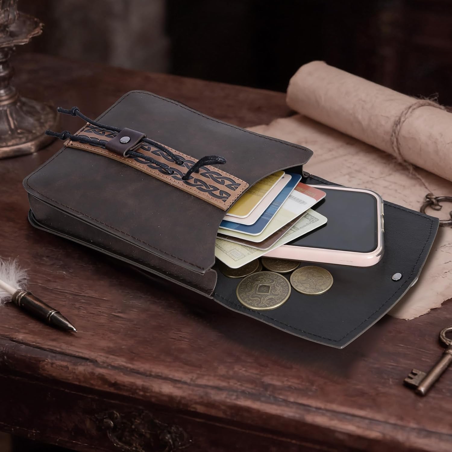 Renaissance Medieval Belt Pouch Set - Viking Accessories with Waist Bag, Purse & Leather Bracers for Halloween, LARP (Brown) - Image 3