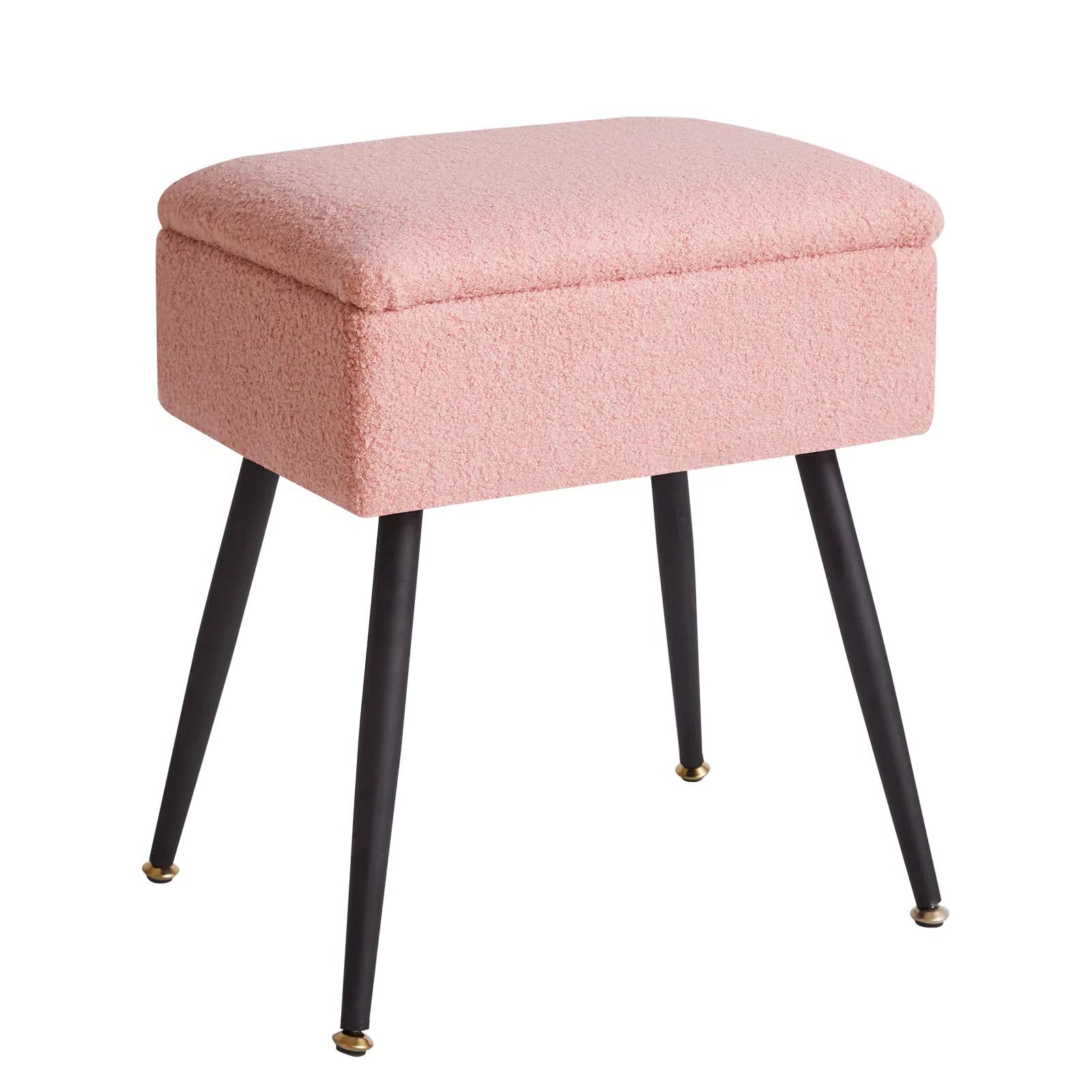 Dressing Table Chair with Storage, Faux Teddy Fur Rectangular Bedroom Ottoman Stool with Metal Legs, Makeup Vanity Stool Side Table for Makeup Room, Bedroom, Pink YD-SMS137P
