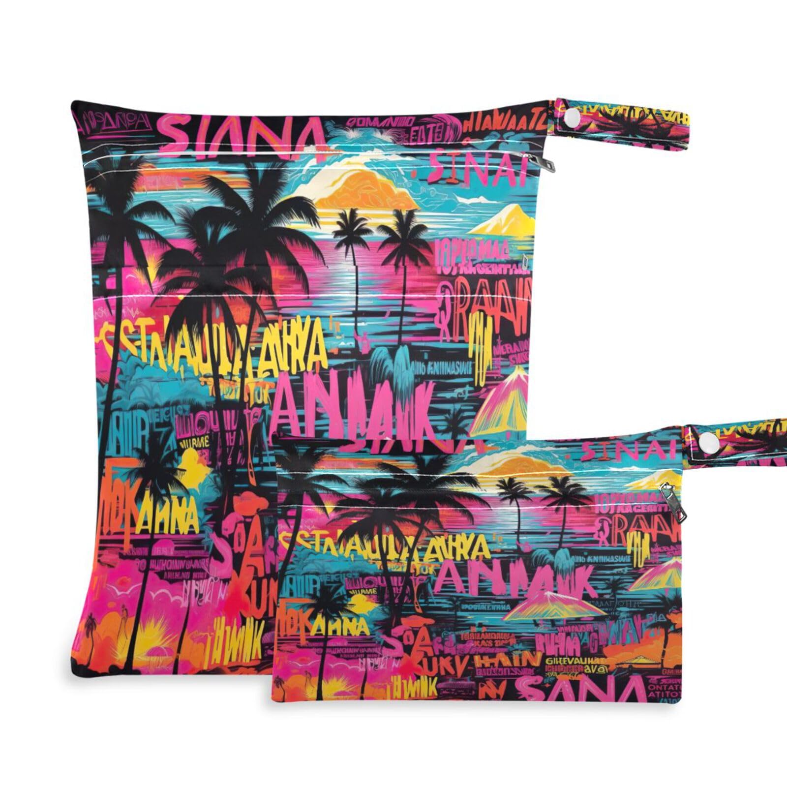 ATTX Tropical Palm Trees Wet Dry Bags 2-Pack - Reusable Cloth Diaper Storage for Travel, Beach & Gym | Multi-Use Waterproof Bags for Swimsuits, Baby Clothes, Sports Gear#571
