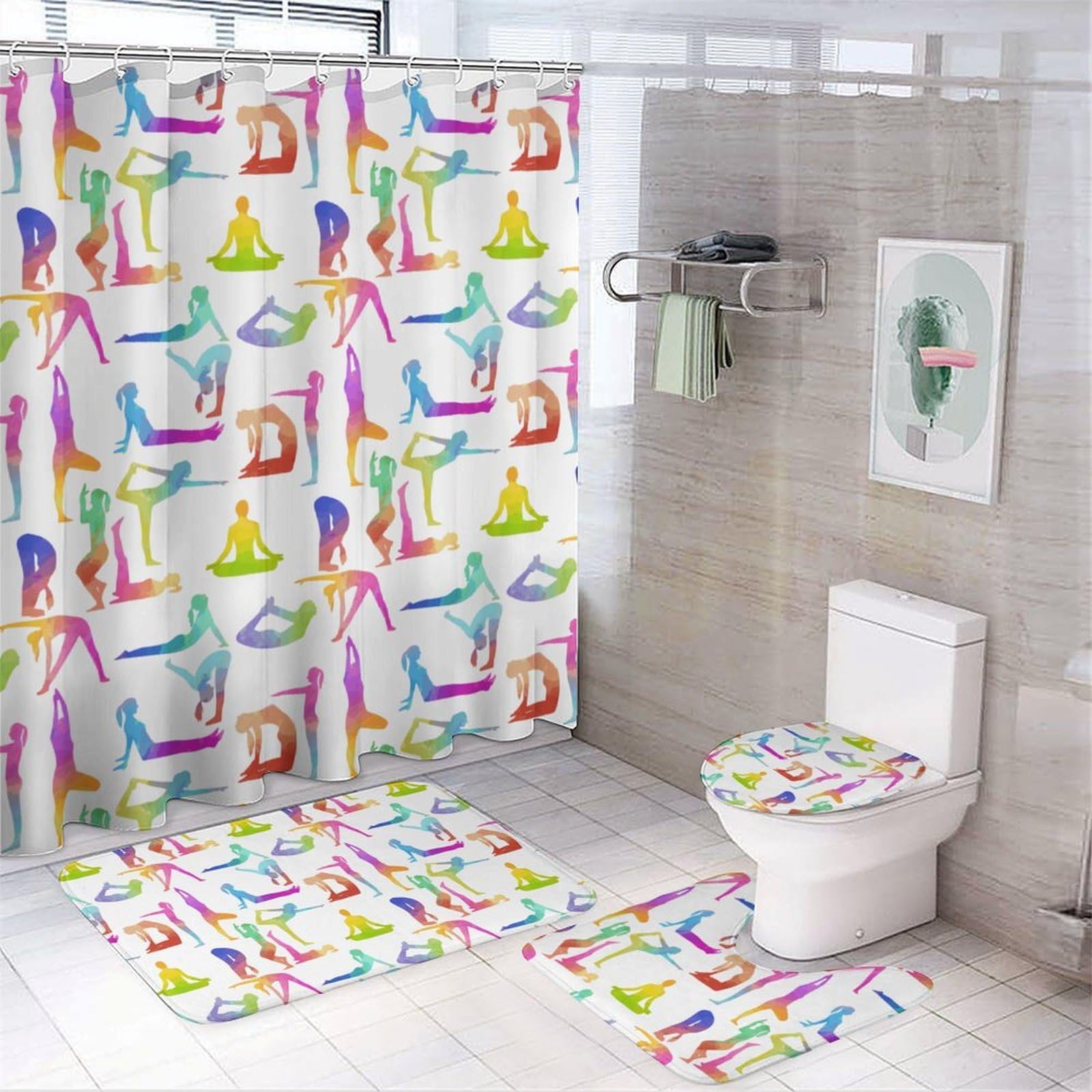 JZemdybill Bathroom Mat Set 4 Piece, Gymnastics Shower Curtain with Non-Slip Bath Mats for Bathroom
