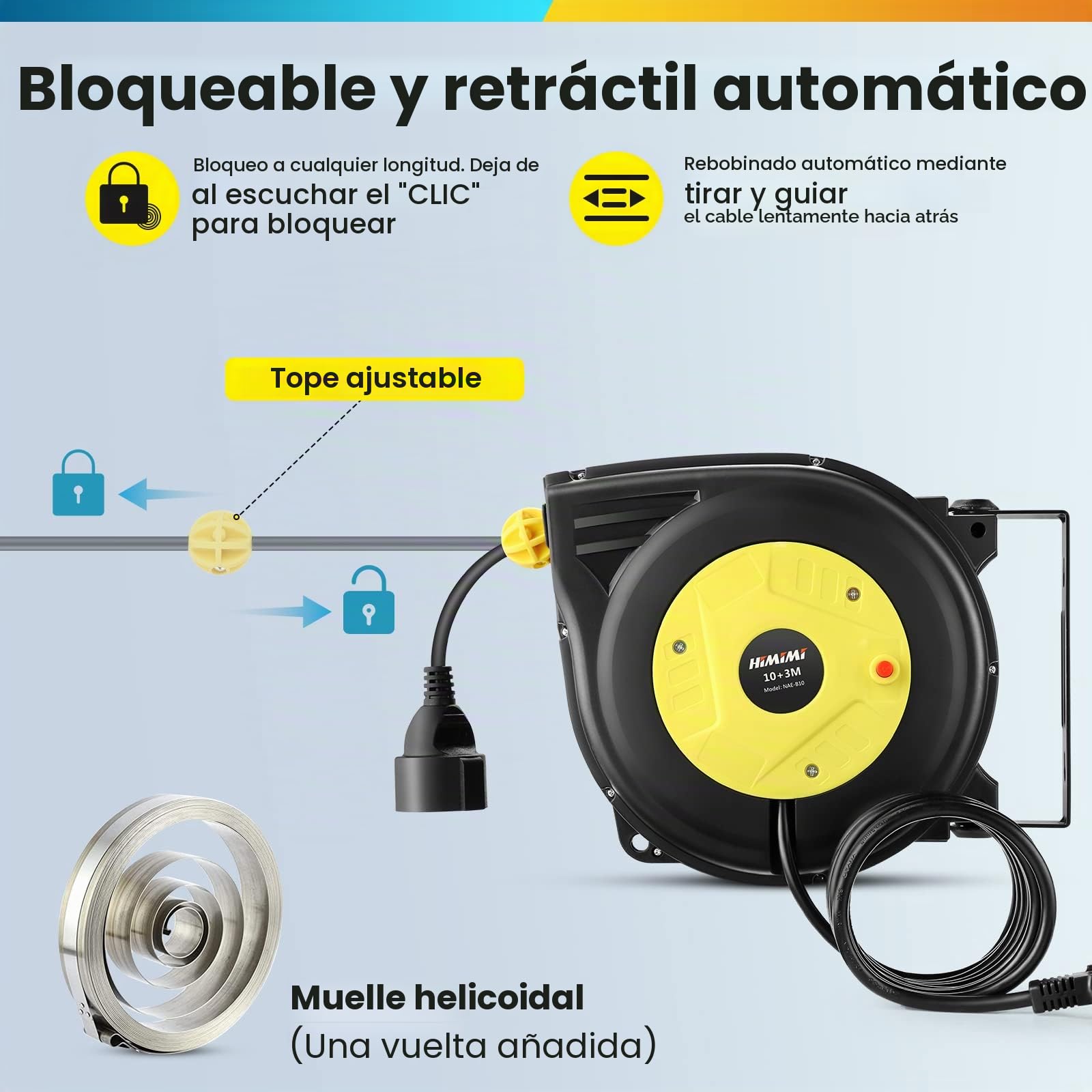 Enrollador de cable automático profesional 10 m + 3 m | Enrollador retráctil montado pared y techo | 1250 W ~ 2000 W | carretes de cable automática | Giratorio 180° | Para interiores y exteriores