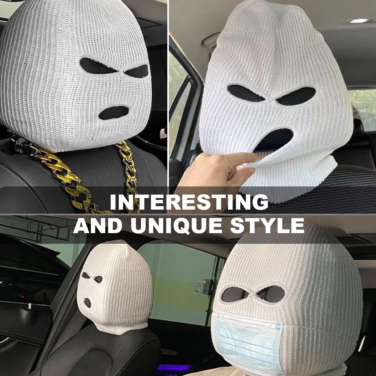 2 PCS Car Headrest Cover Personalized Funny 3 Hole Auto Seat Full Face Mask Headcover Ski Mask Wrap — view 6