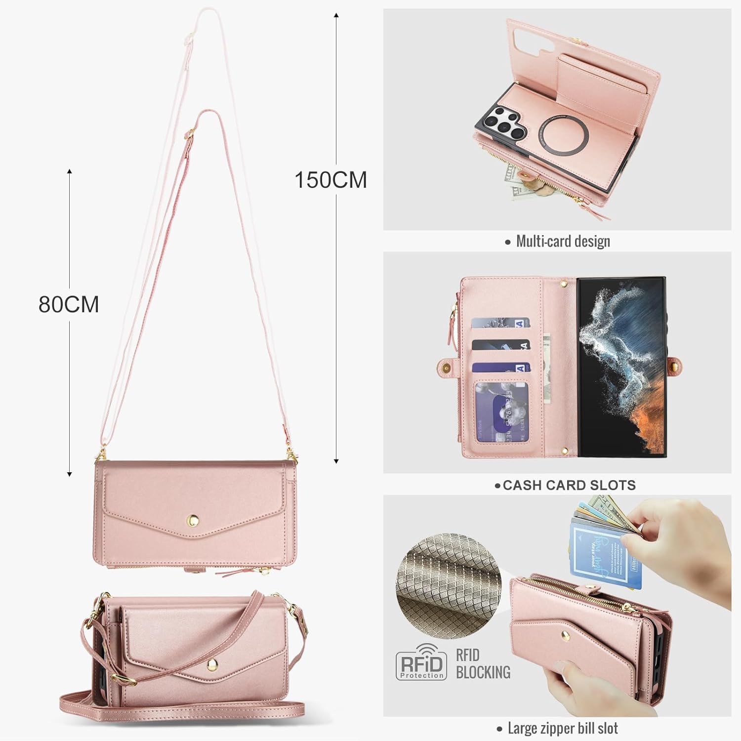 Phone Case for Samsung Galaxy S23 Ultra 5G Wallet Cover Compatible with Magsafe RFID Screen Protector Crossbody Lanyard Strap Flip Card Holder Slot Cell S23Ultra 23S S 23 23Ultra 6.8 inch Rose Gold
