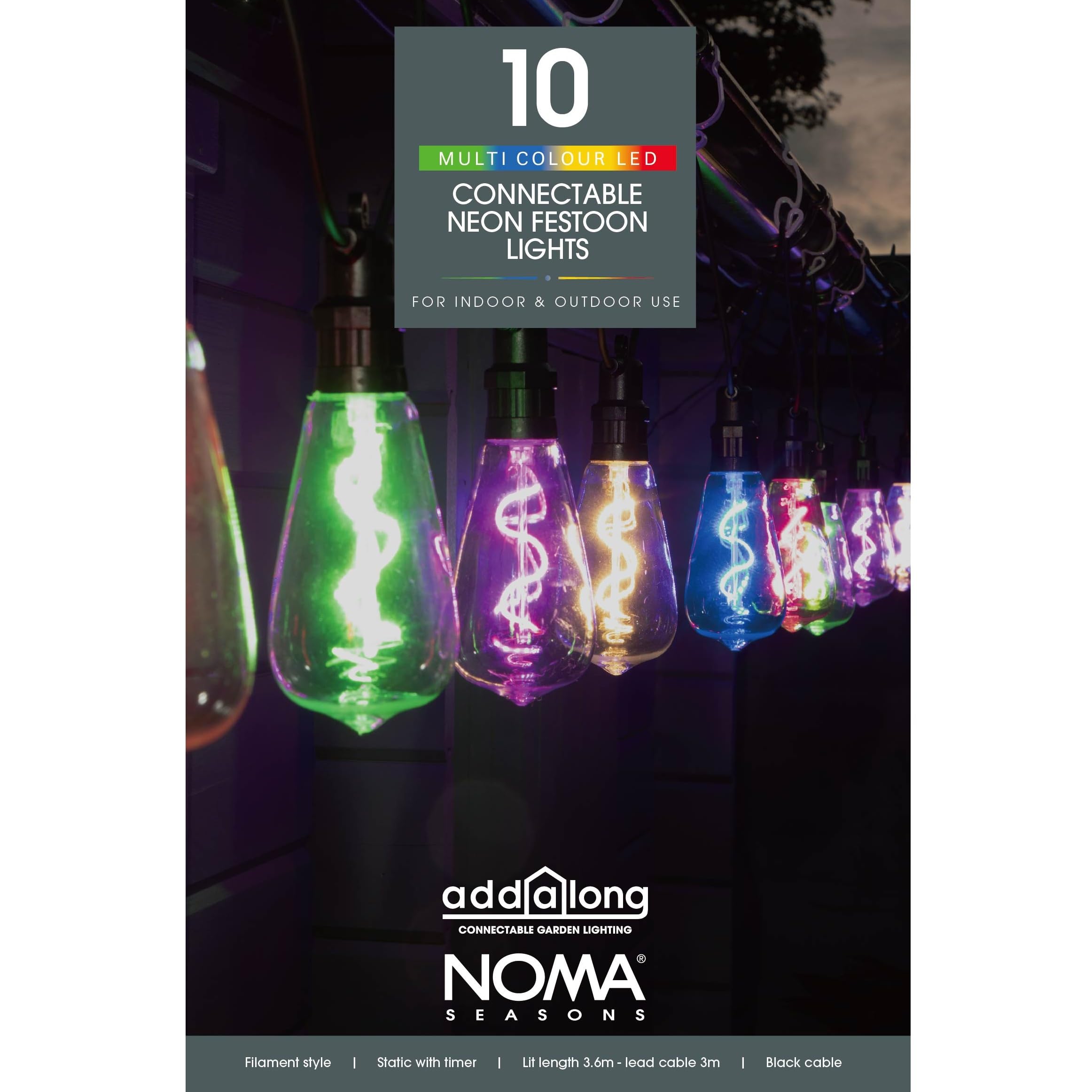 Noma 10 Neon Bulb LED Festoon – Colourful Connectable Lights with Spiral Cable, 10 Bulbs (Pack of 1)
