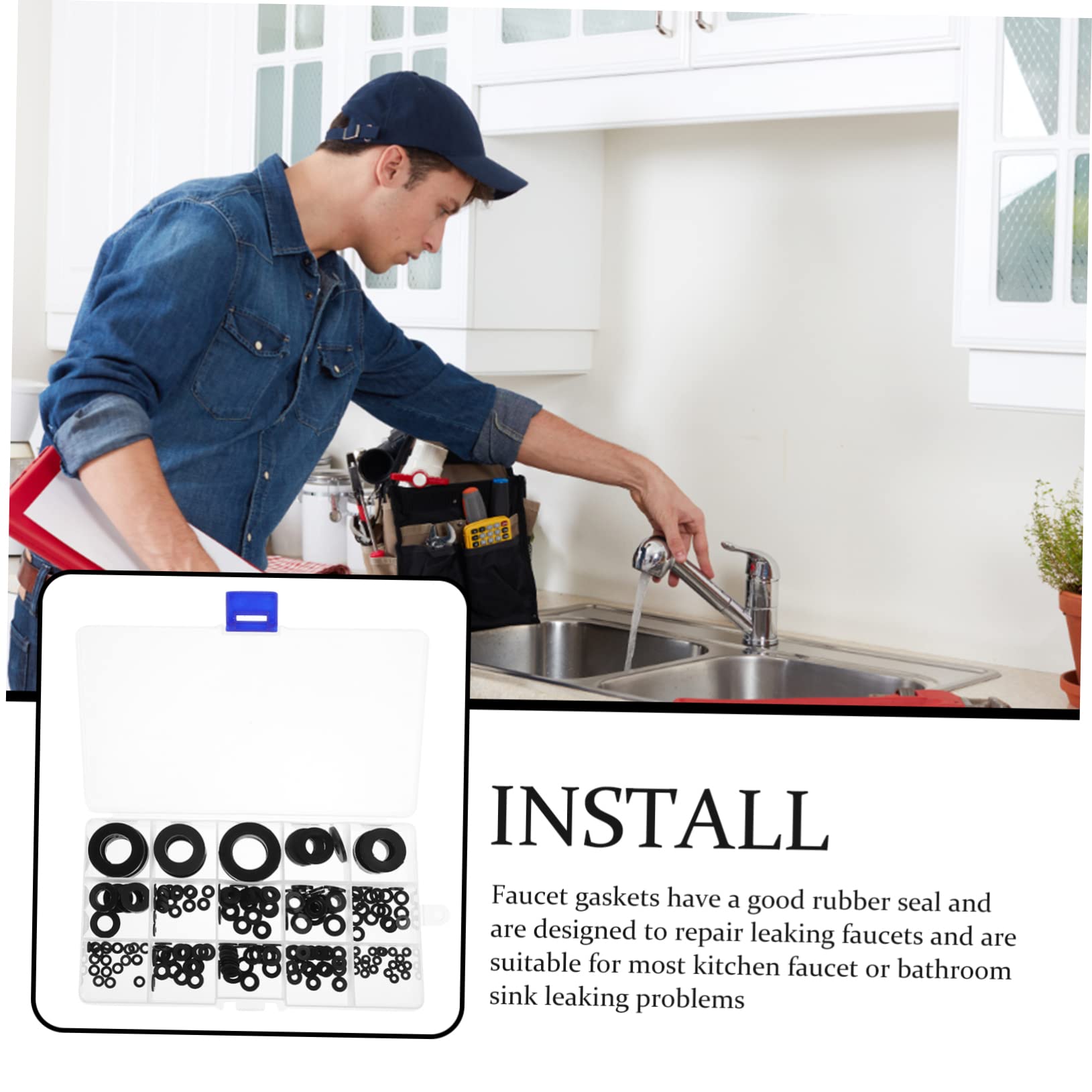 Kit Guarnizioni Rubinetto 215 Pezzi in Plastico Nero, Multi-misura, per Lavandino Bagno e Cucina, Ripara Perdite e Include Guarnizioni di Ricambio