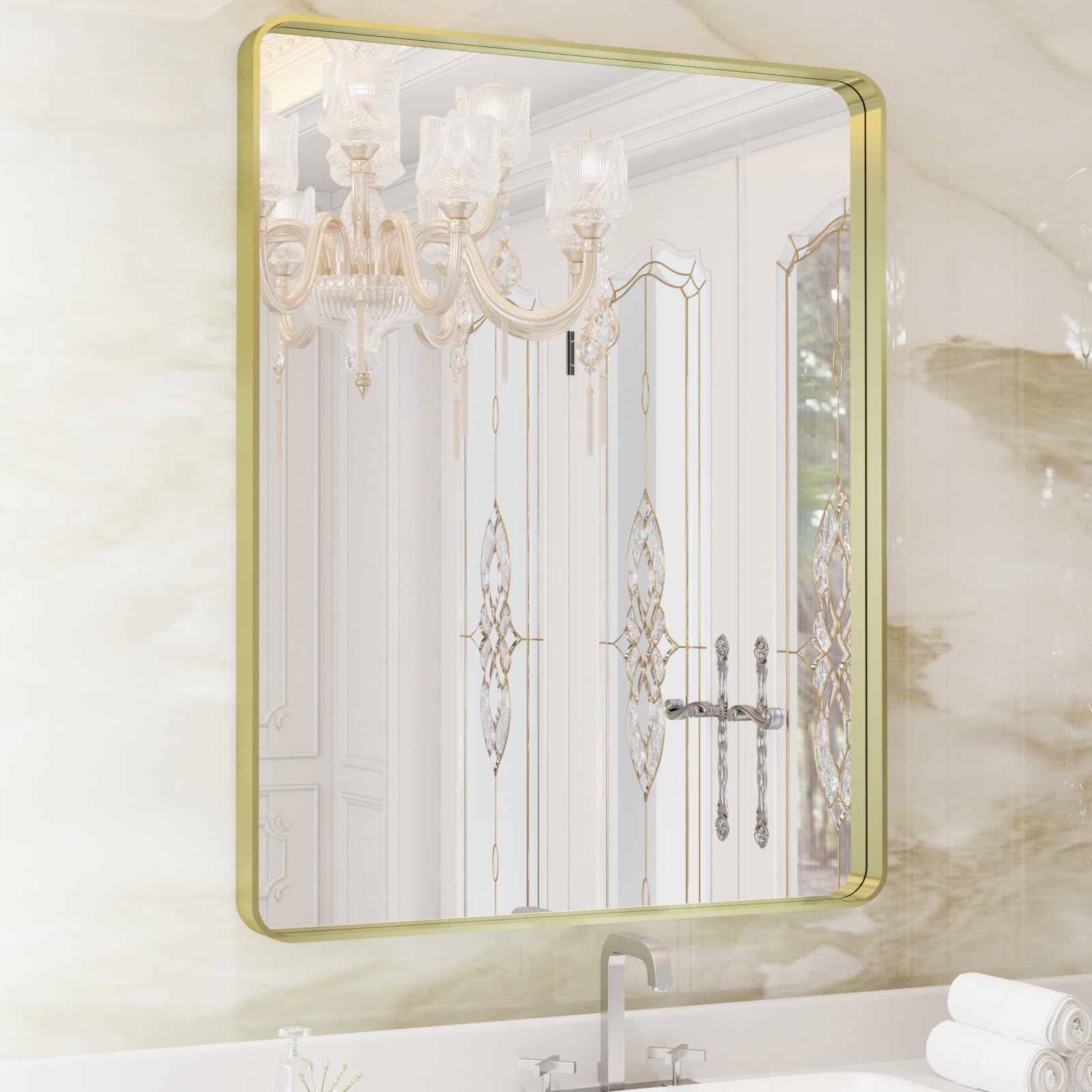 WEER Gold Bathroom Mirror, 28X36 Inch Brushed Gold Metal Frame Mirror, Rounded Rectangle Gold Bathroom Vanity Mirror for Wall, Tempered Glass,