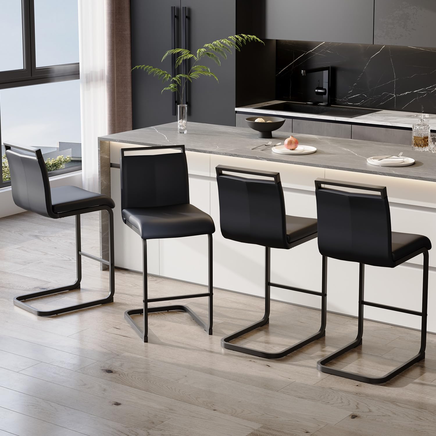 LUFTUT Bar Stools Set of 4,25" Counter Height Bar Stools with Footrest,Black Faux Leather Kitchen Stool with Black Painted Metal Leg,Counter Height